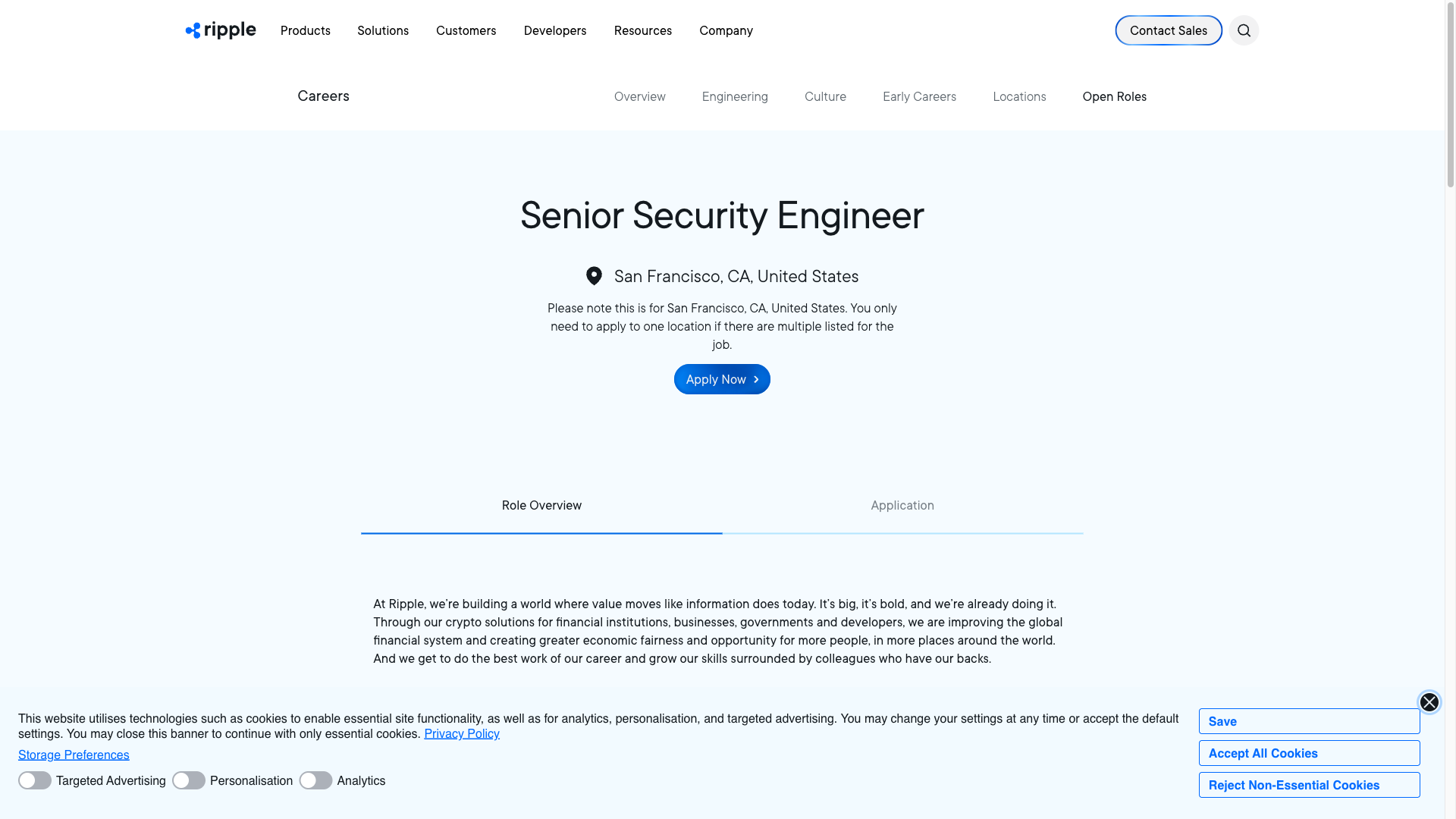 Screenshot of the Ripple Senior Security Engineer job posting, captured 2026-10-08