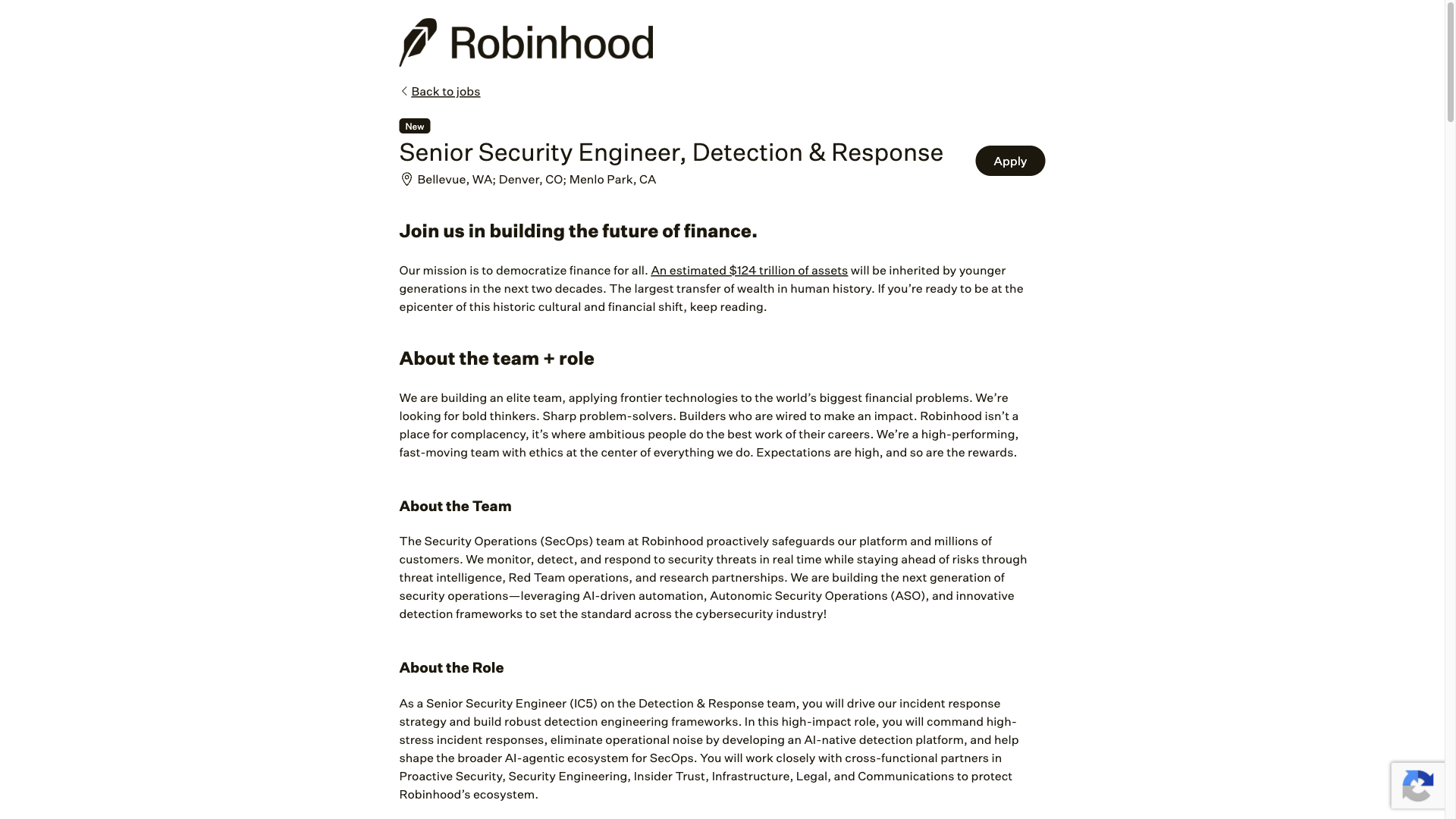 Screenshot of the Robinhood Senior Security Engineer, Detection & Response job posting, captured 2026-09-23
