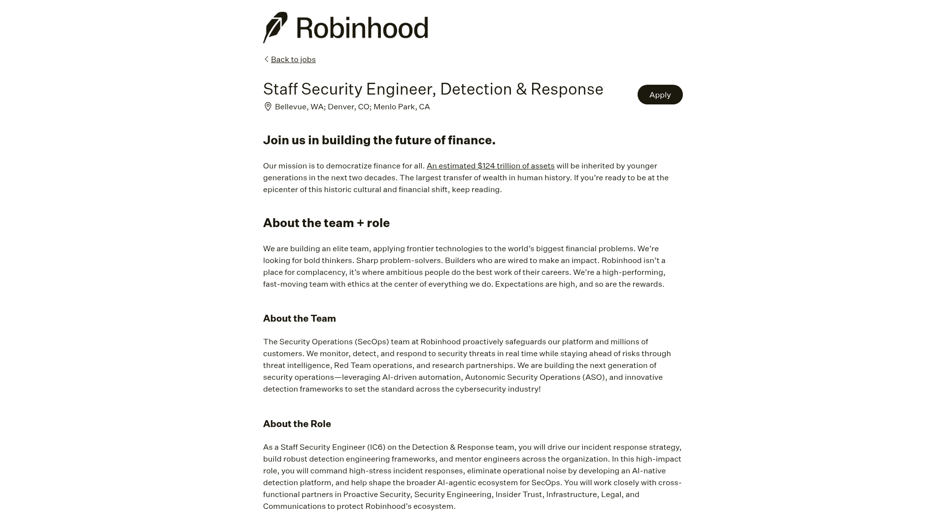Screenshot of the Robinhood Staff Security Engineer, Detection & Response job posting, captured 2026-08-31