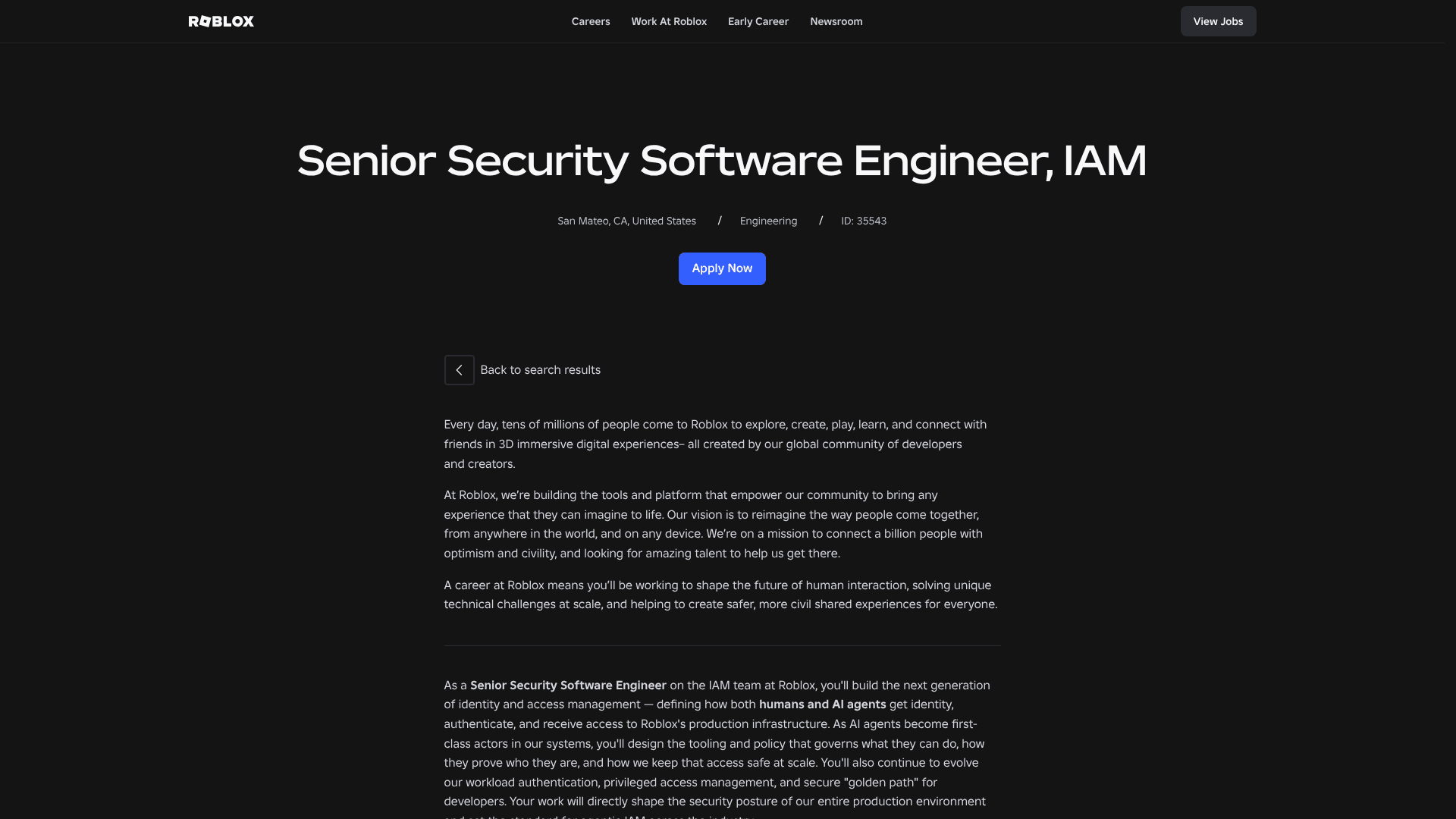 Screenshot of the Roblox Senior Security Software Engineer, IAM job posting, captured 2026-08-31