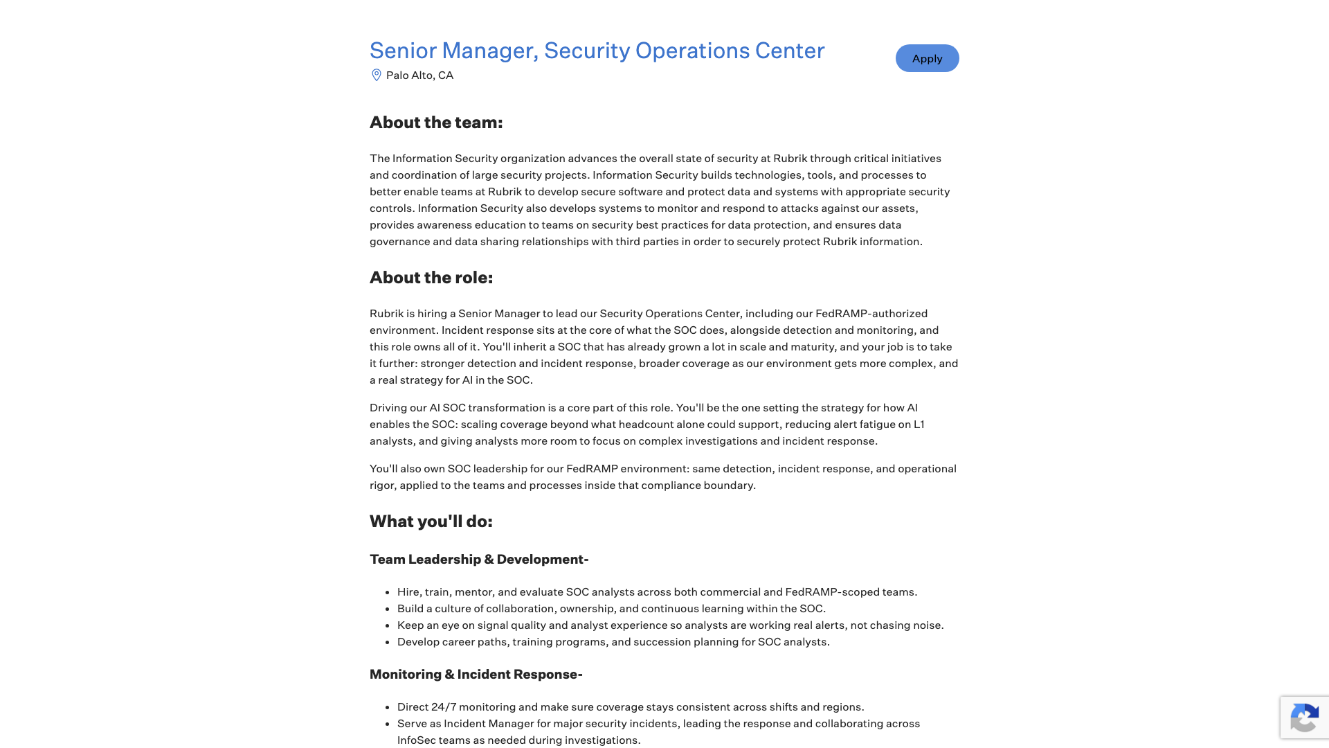 Screenshot of the Rubrik Senior Manager, Security Operations Center job posting, captured 2026-10-25