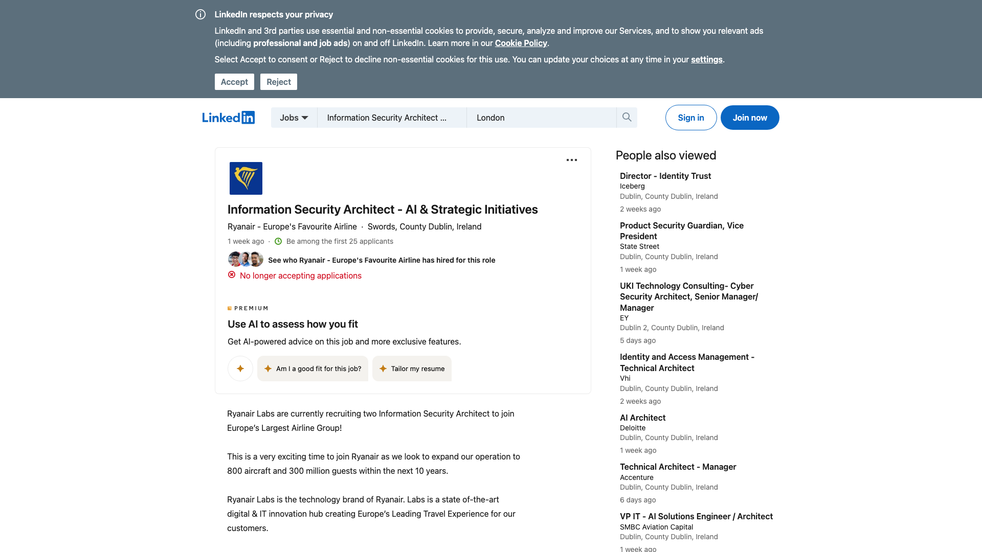 Screenshot of the Ryanair Information Security Architect - AI & Strategic Initiatives job posting, captured 2026-10-22