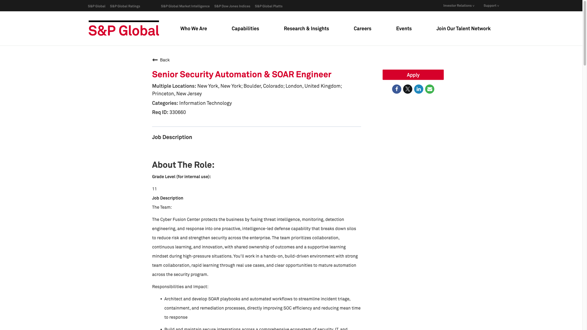 Screenshot of the S&P Global Senior Security Automation & SOAR Engineer job posting, captured 2026-09-23