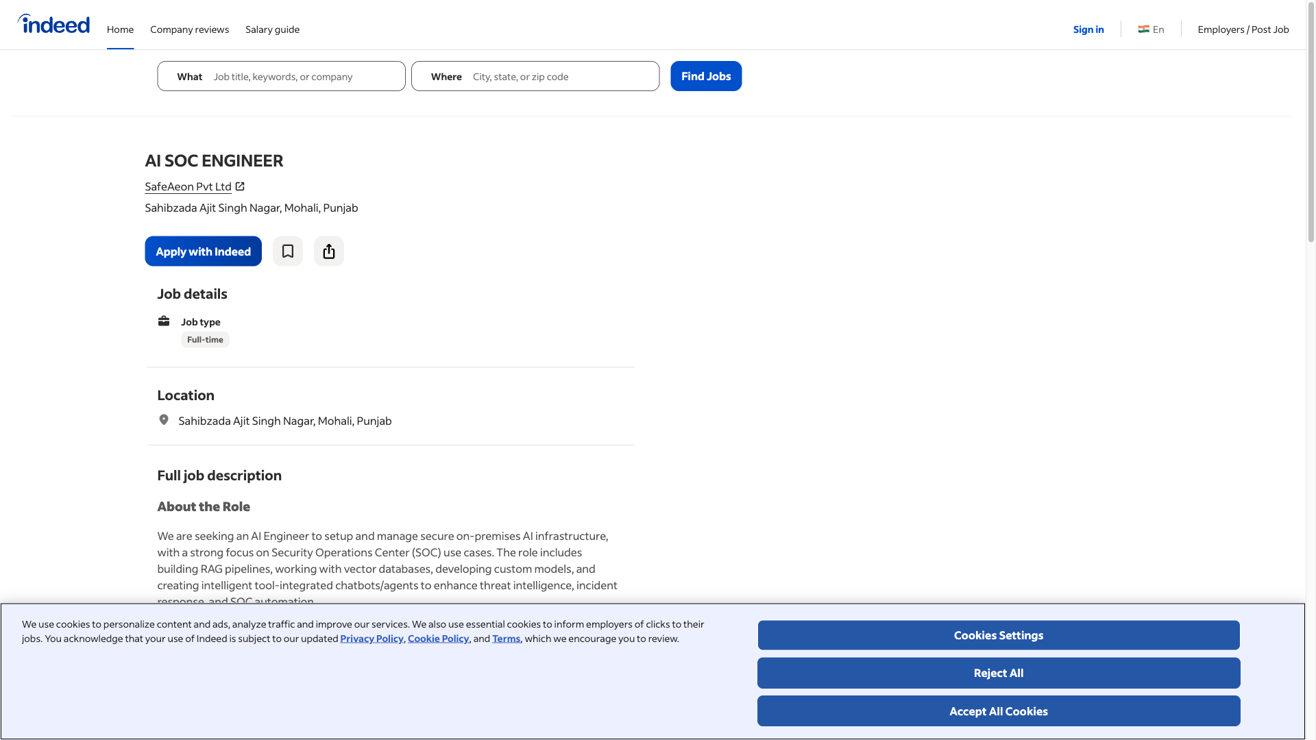 Screenshot of the SafeAeon AI SOC Engineer job posting, captured 2026-09-05