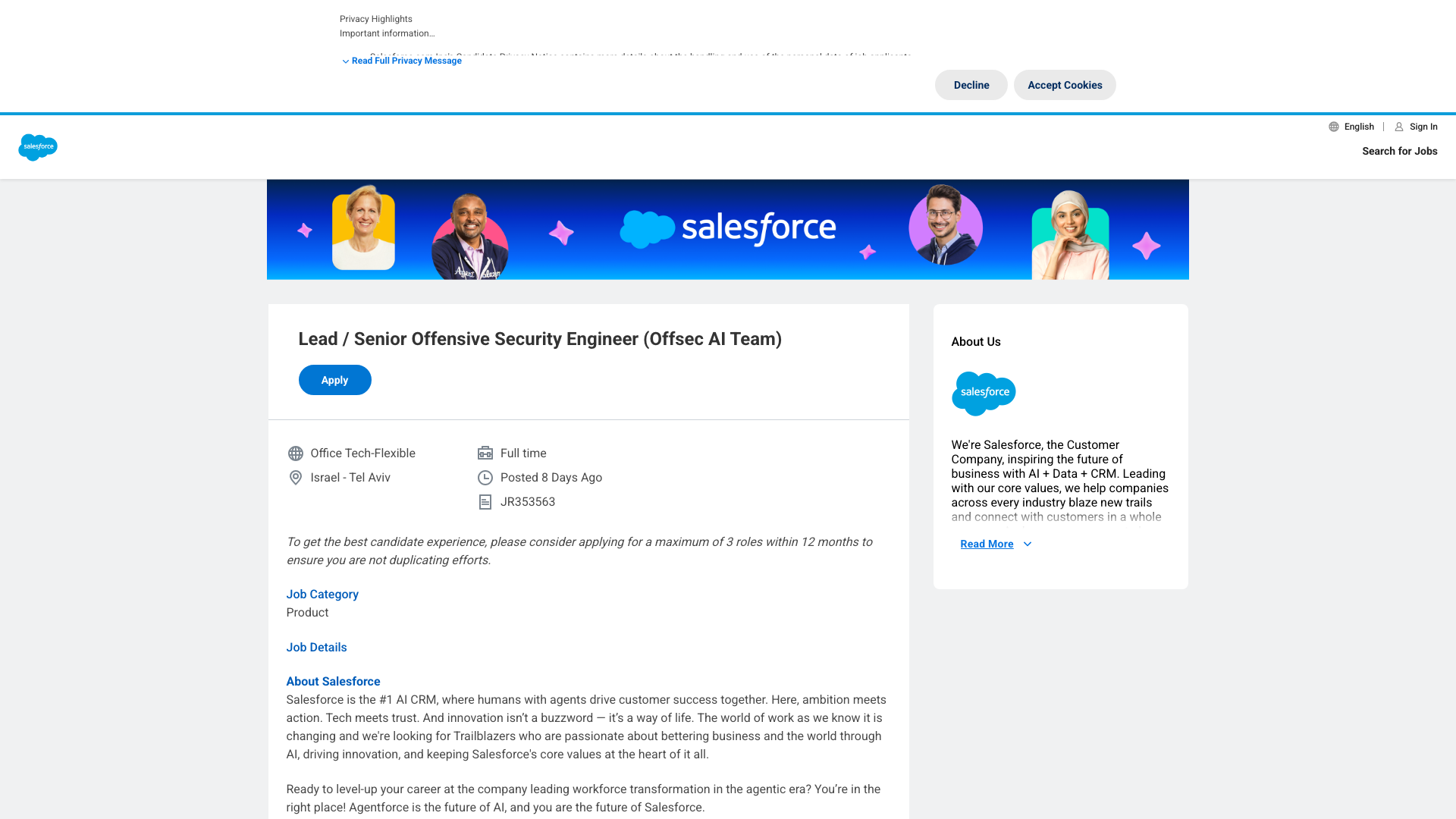 Screenshot of the Salesforce Lead / Senior Offensive Security Engineer (Offsec AI Team) job posting, captured 2026-10-22