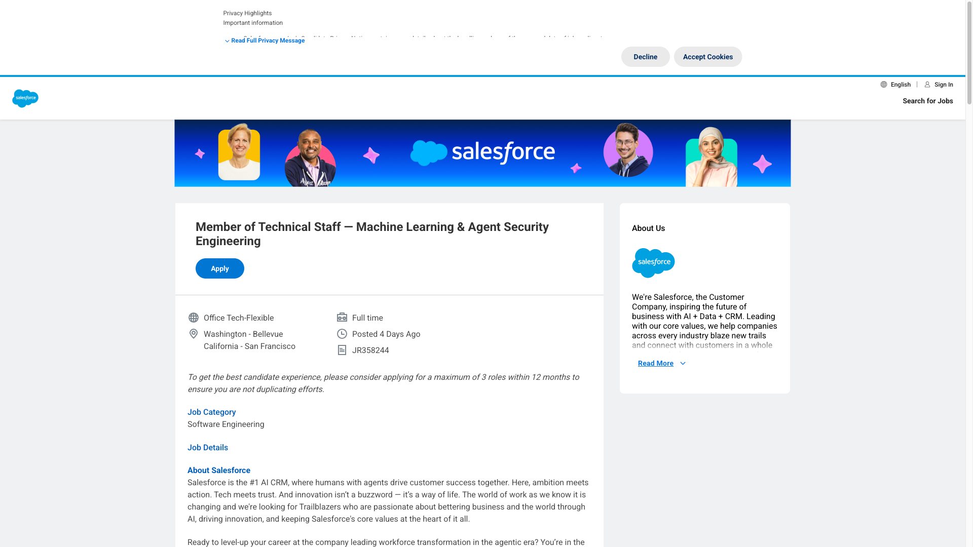 Screenshot of the Salesforce Member of Technical Staff — Machine Learning & Agent Security Engineering job posting, captured 2026-09-29