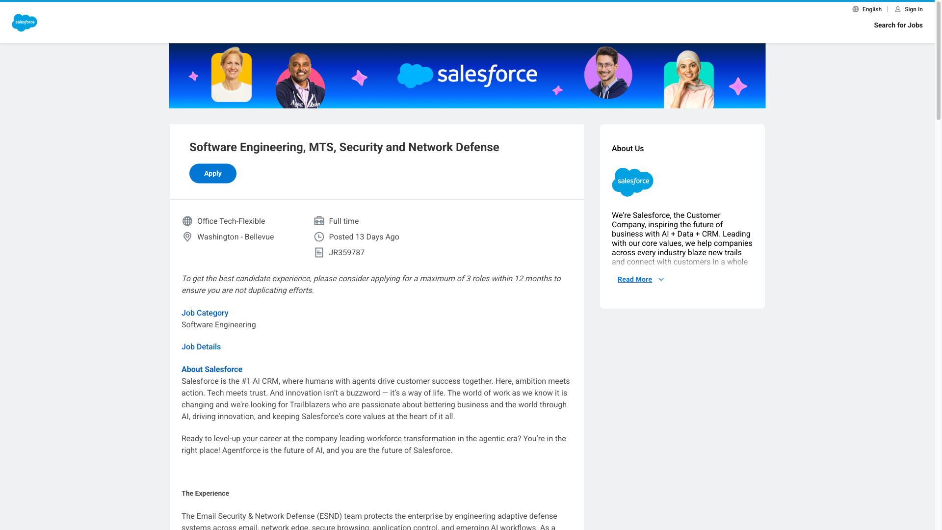 Screenshot of the Salesforce Software Engineering, MTS, Security and Network Defense job posting, captured 2026-09-24
