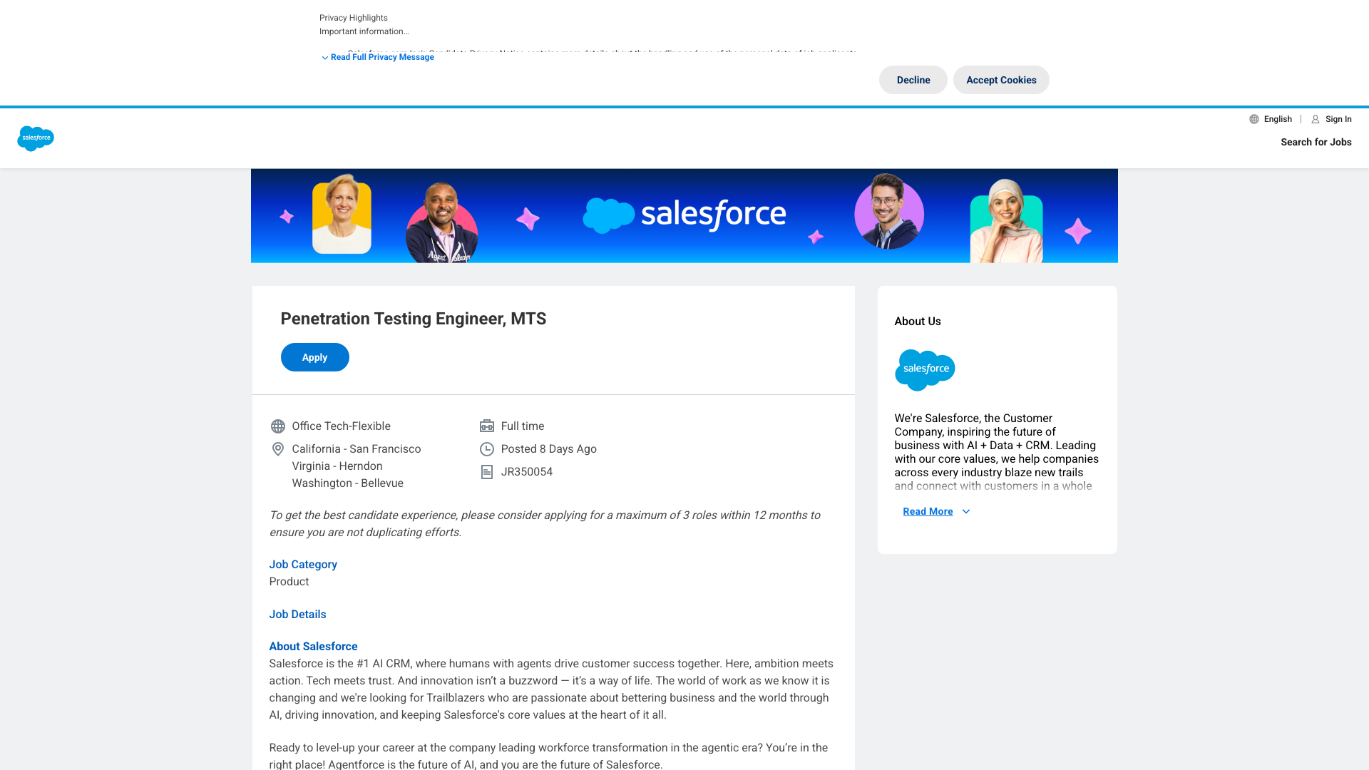 Screenshot of the Salesforce Penetration Testing Engineer, MTS job posting, captured 2026-10-22