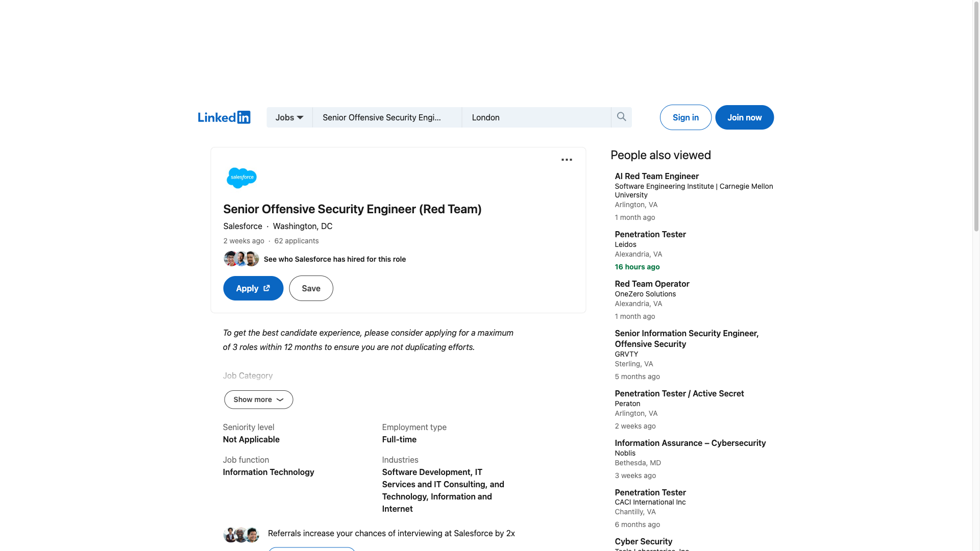 Screenshot of the Salesforce Senior Offensive Security Engineer (Red Team) job posting, captured 2026-09-23