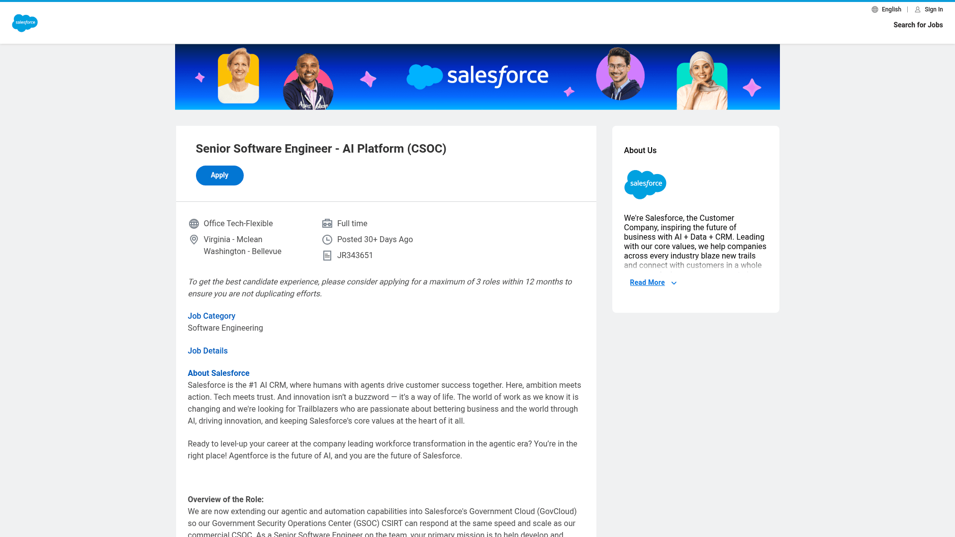 Screenshot of the Salesforce Senior Software Engineer - AI Platform (CSOC) job posting, captured 2026-08-31