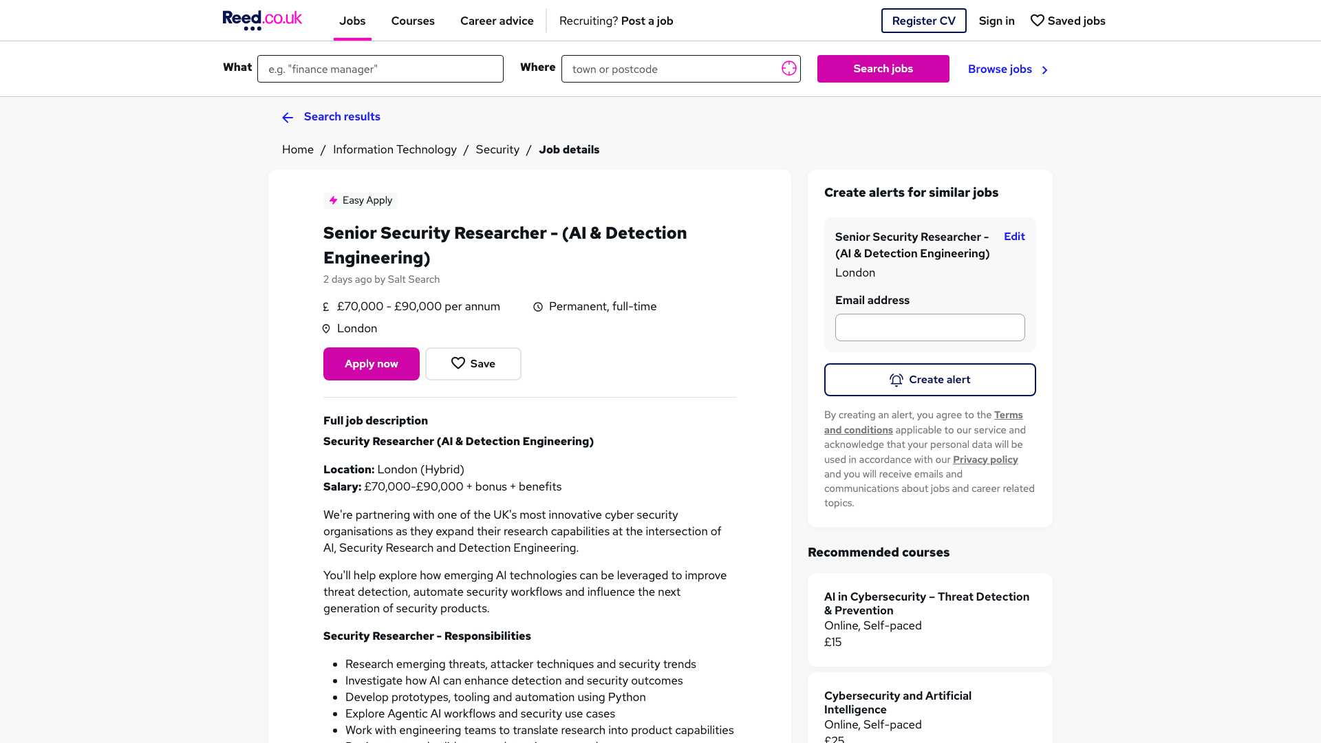 Screenshot of the Salt Search (UK cyber security organisation) Senior Security Researcher (AI & Detection Engineering) job posting, captured 2026-09-05