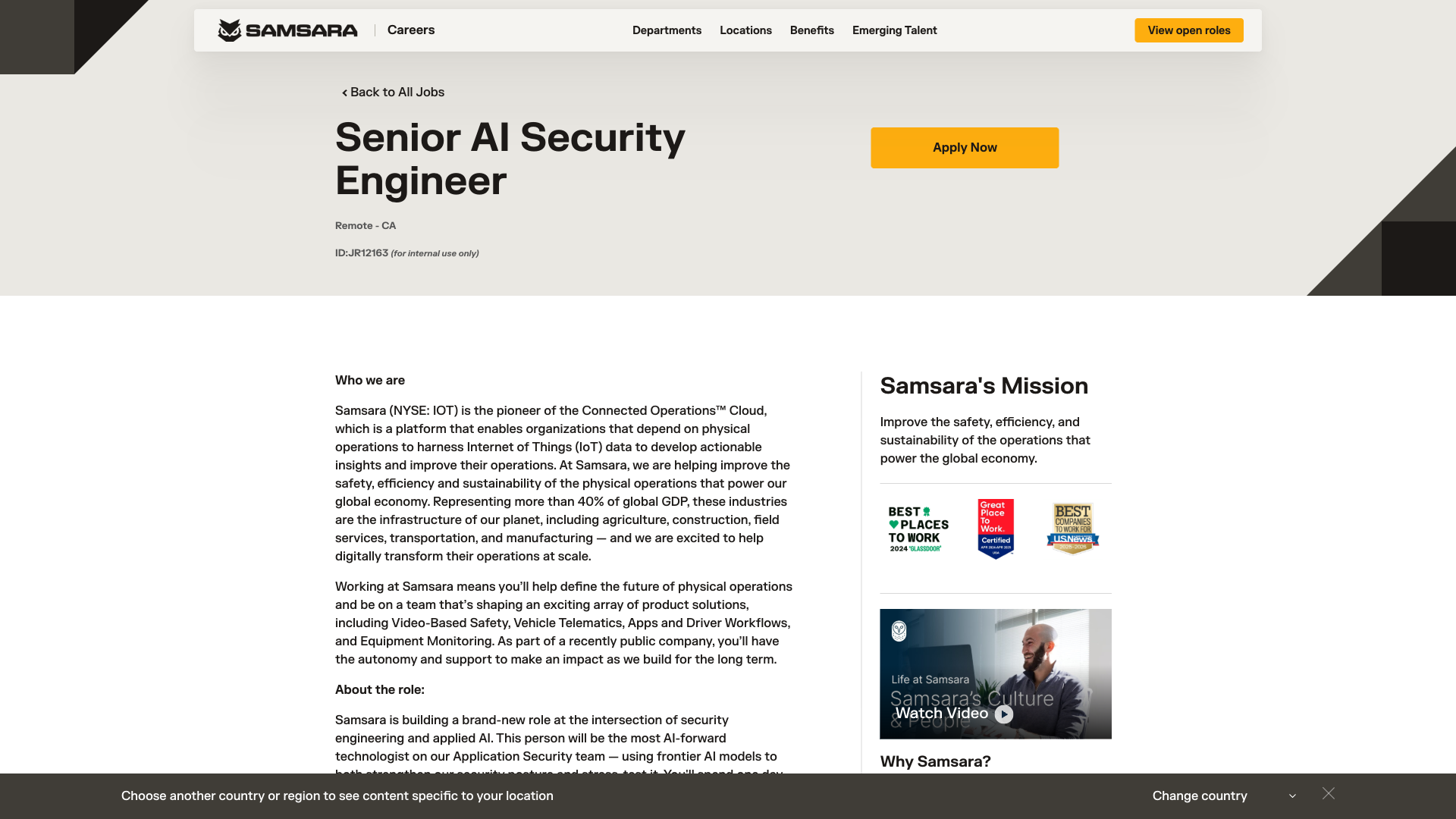 Screenshot of the Samsara Senior AI Security Engineer job posting, captured 2026-10-01