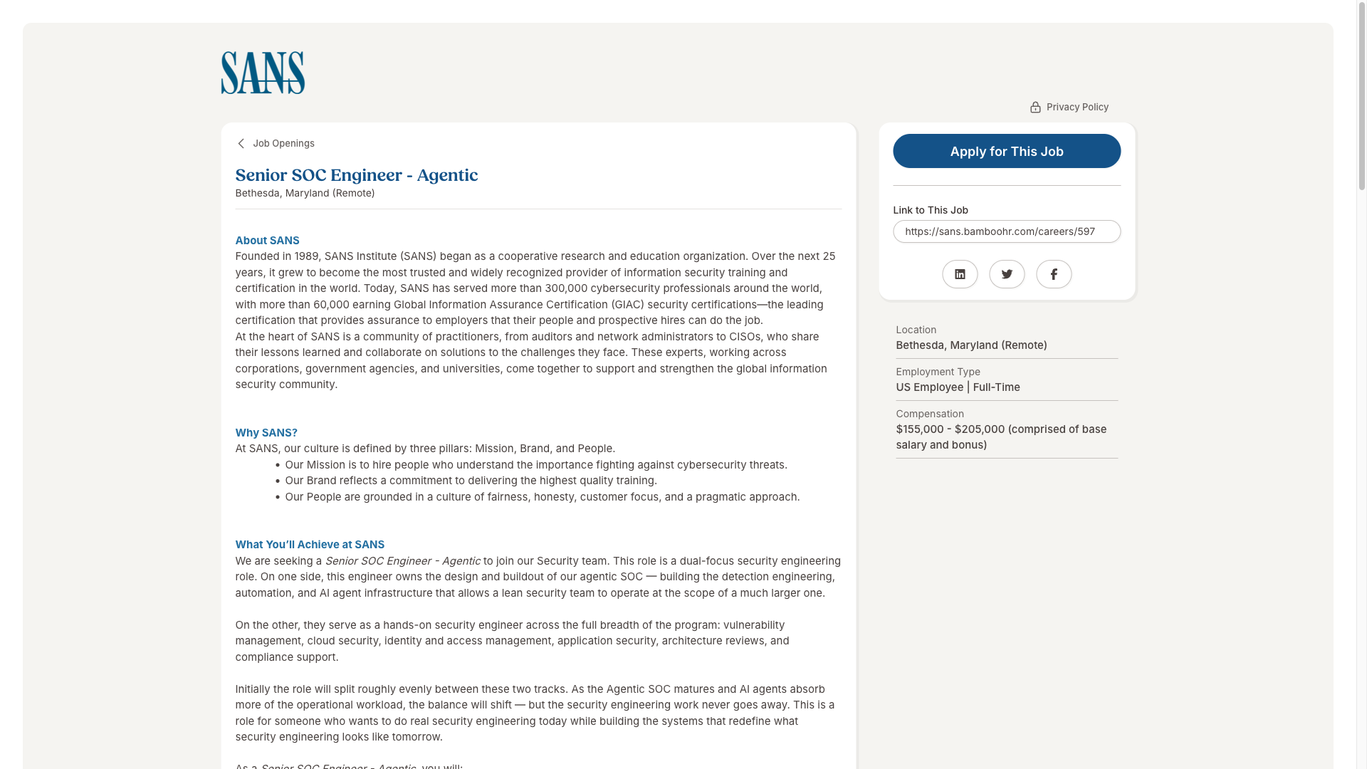 Screenshot of the SANS Institute Senior SOC Engineer - Agentic job posting, captured 2026-10-01