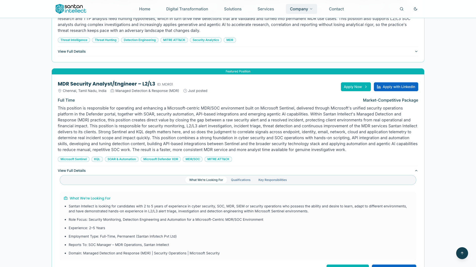 Screenshot of the Santan Intellect MDR Security Analyst/Engineer – L2/L3 job posting, captured 2026-10-08