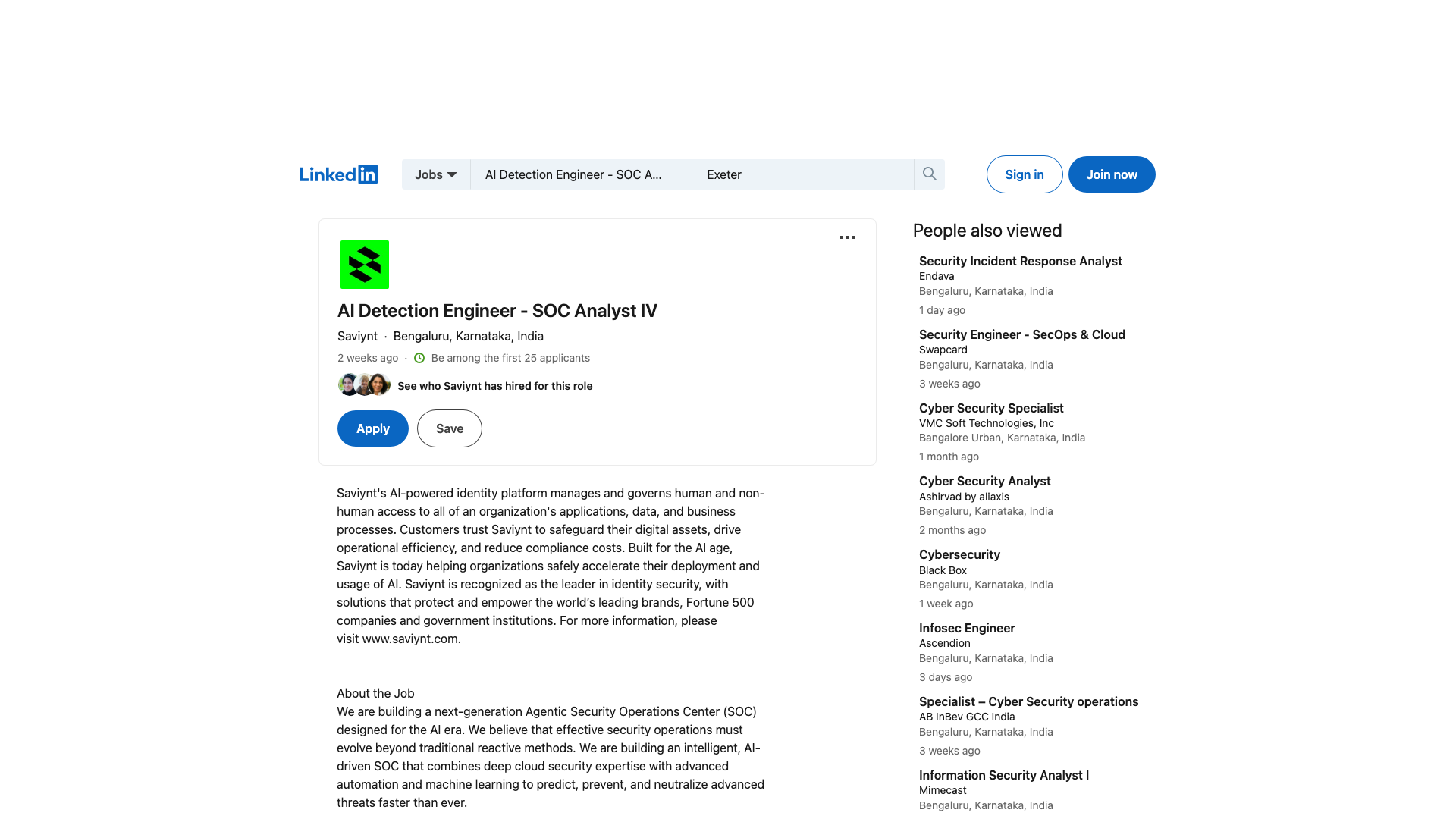 Screenshot of the Saviynt AI Detection Engineer - SOC Analyst IV job posting, captured 2026-09-05