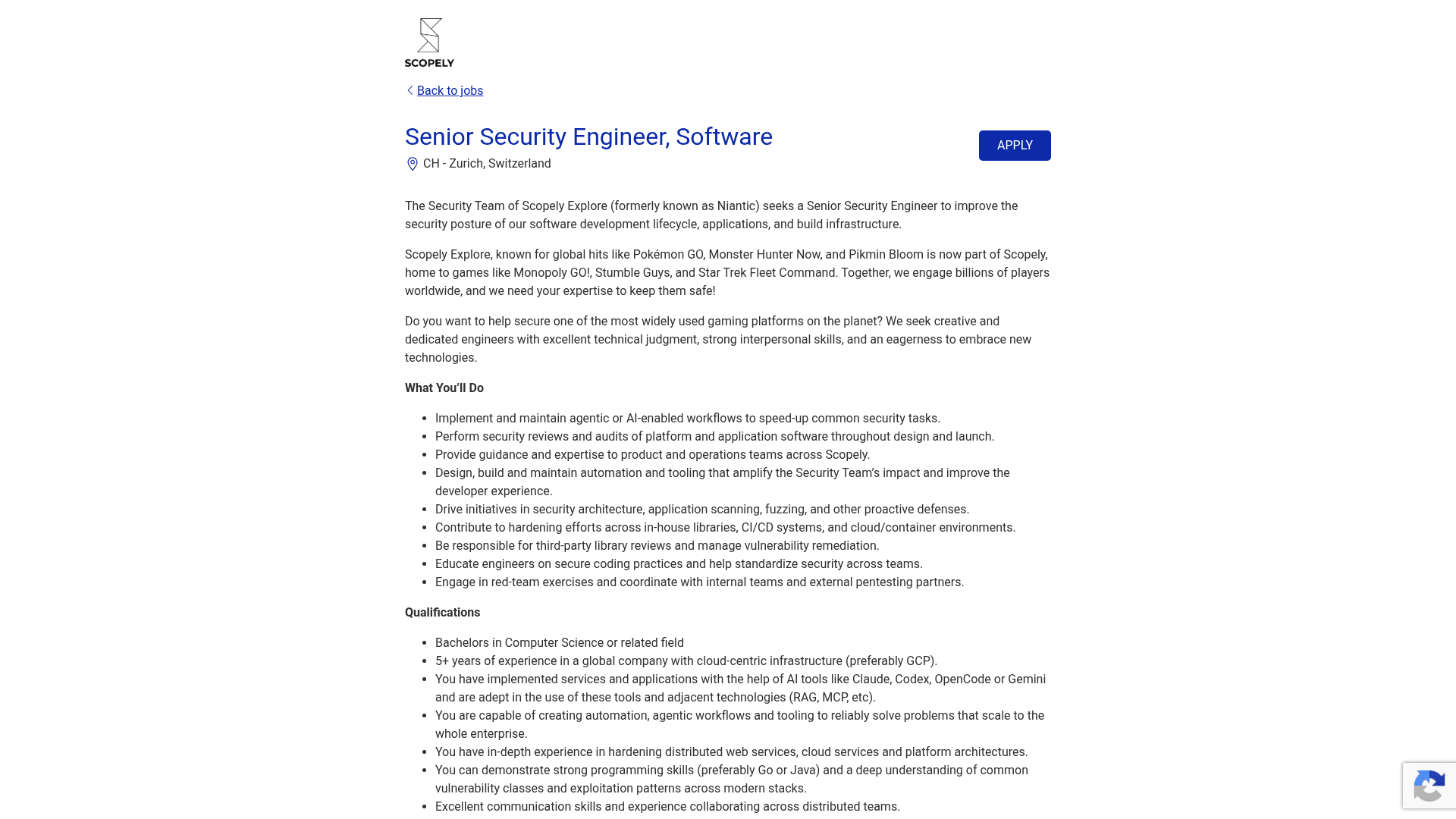 Screenshot of the Scopely Senior Security Engineer, Software job posting, captured 2026-08-27