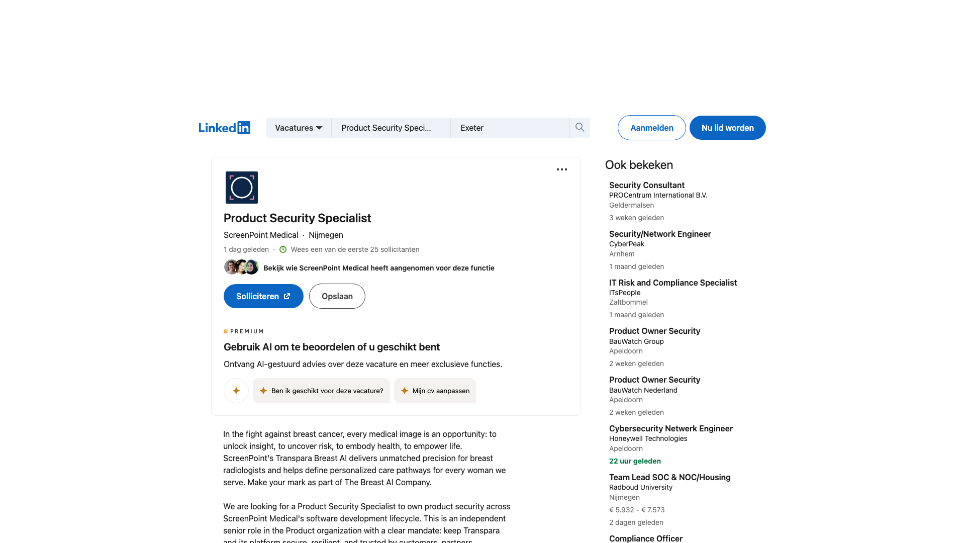 Screenshot of the ScreenPoint Medical Product Security Specialist job posting, captured 2026-09-05