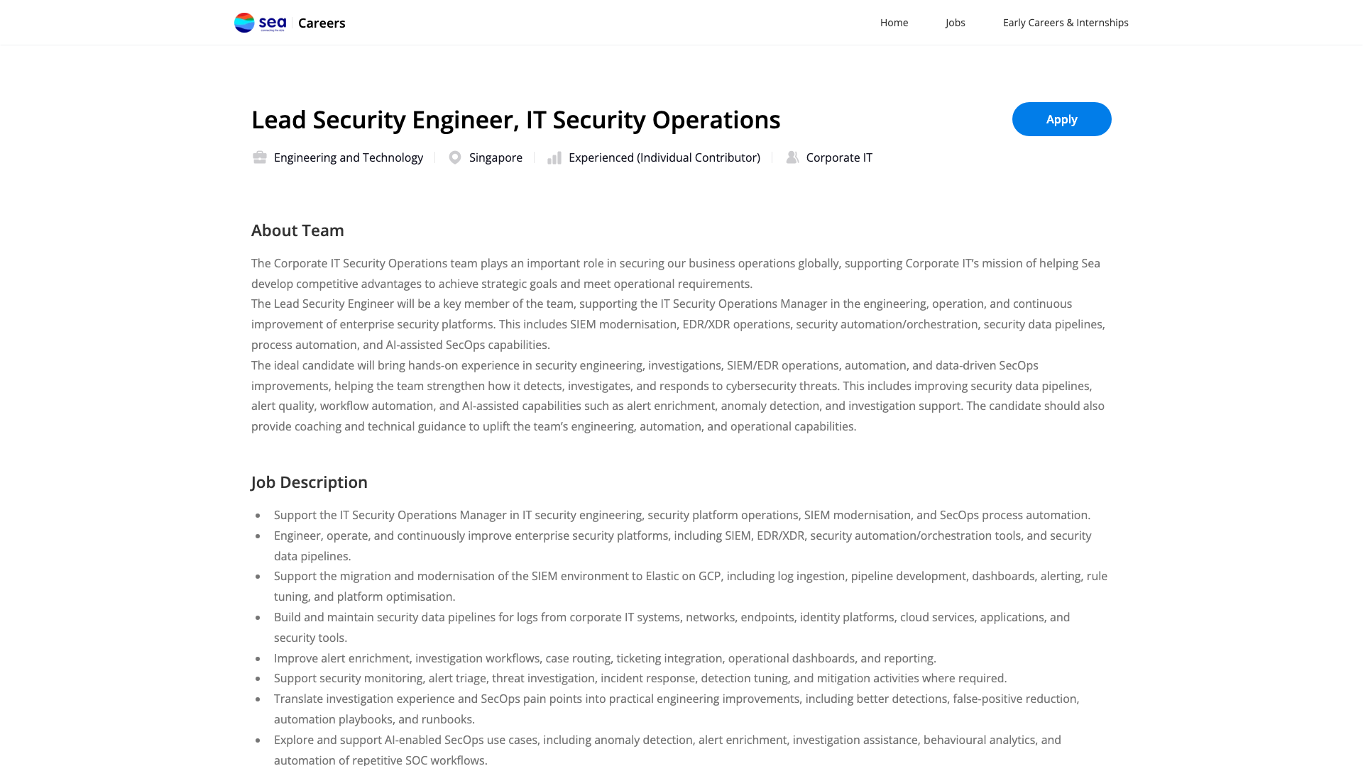 Screenshot of the Sea Limited Lead Security Engineer, IT Security Operations job posting, captured 2026-09-05