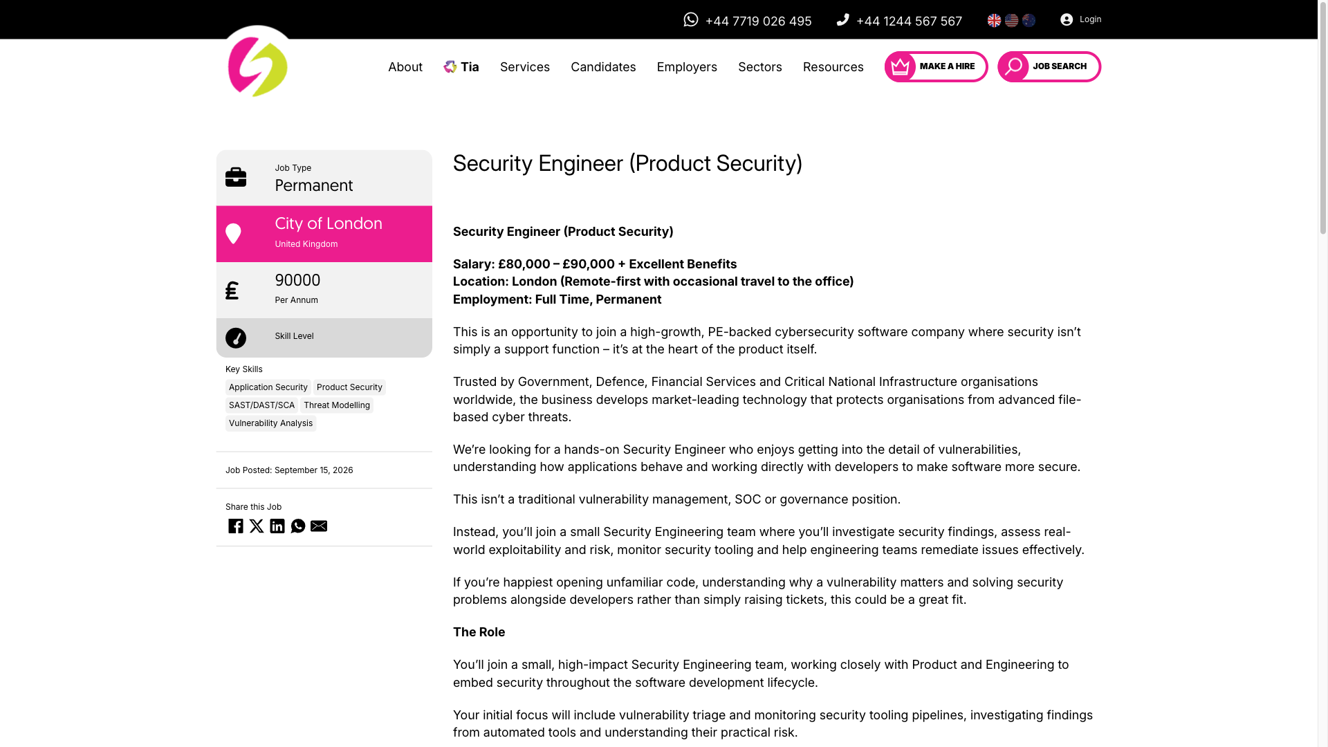 Screenshot of the Searchability (cybersecurity software company) Security Engineer (Product Security) job posting, captured 2026-10-08