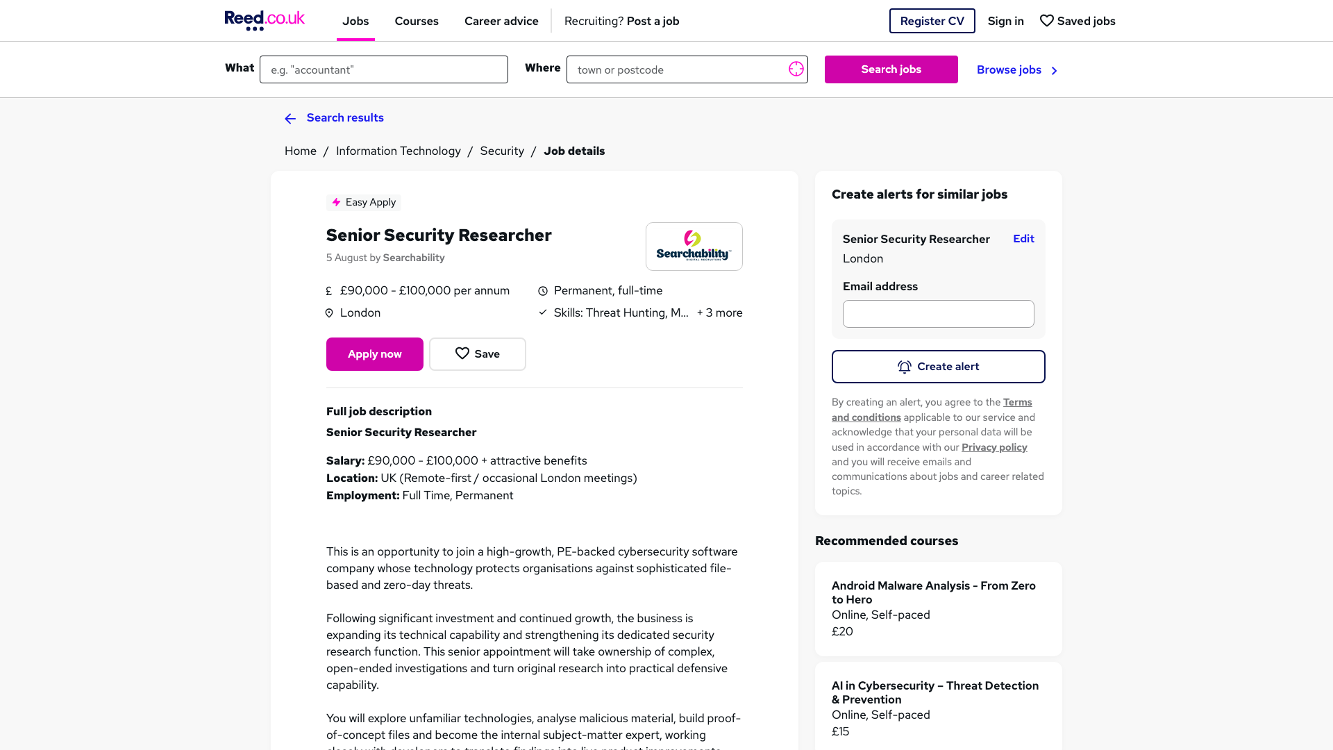 Screenshot of the Searchability (cybersecurity software company) Senior Security Researcher job posting, captured 2026-09-05