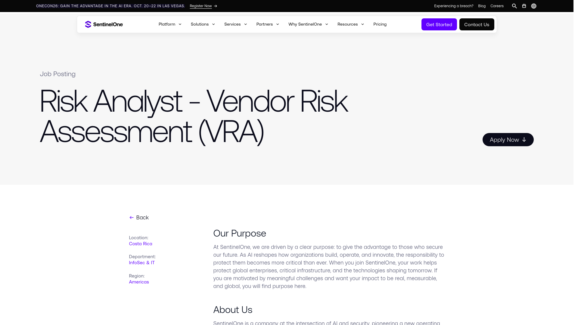 Screenshot of the SentinelOne Risk Analyst - Vendor Risk Assessment (VRA) job posting, captured 2026-09-05