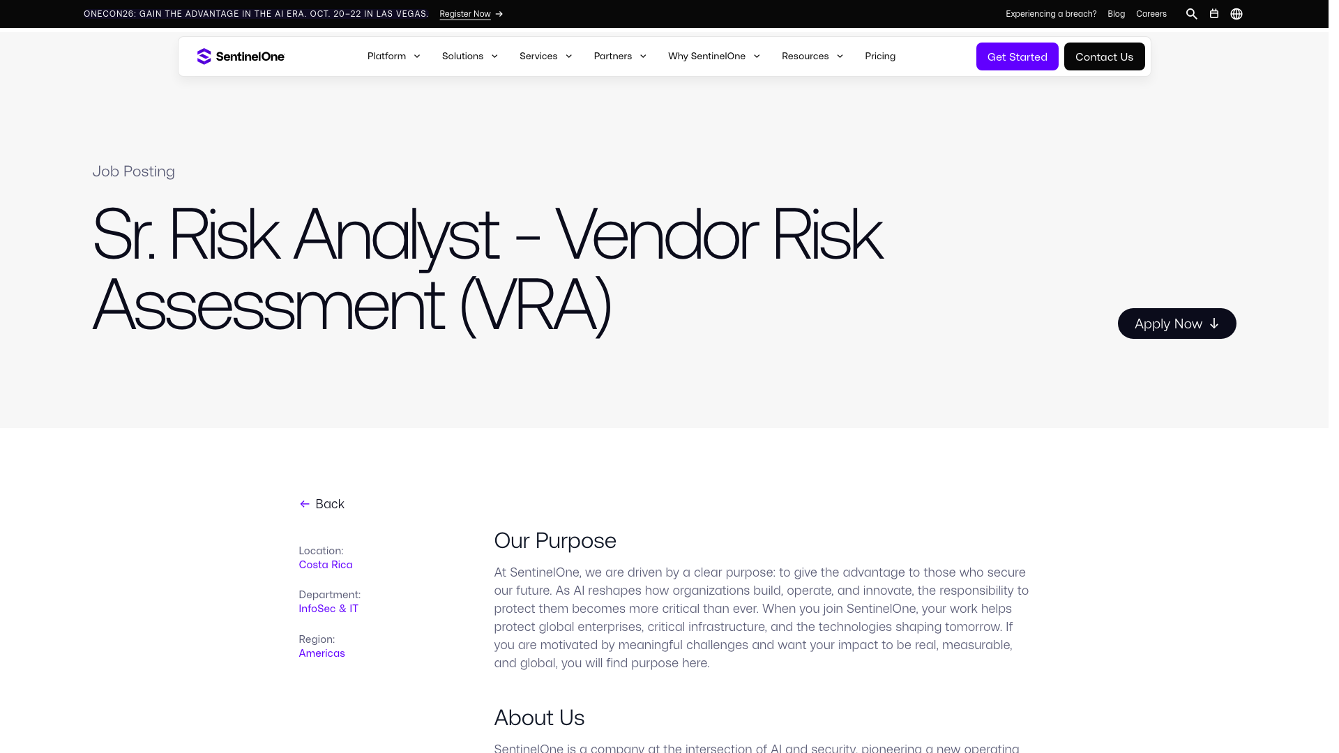 Screenshot of the SentinelOne Sr. Risk Analyst - Vendor Risk Assessment (VRA) job posting, captured 2026-09-05