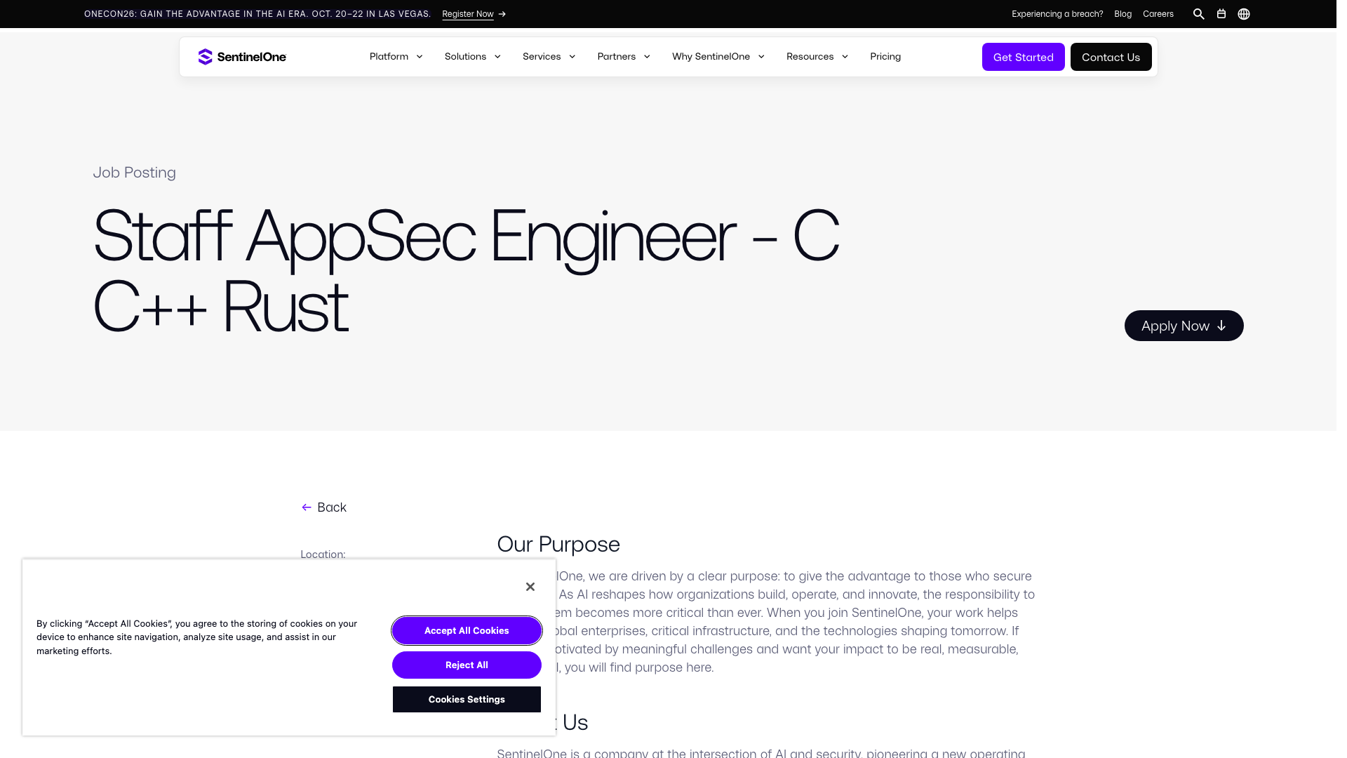 Screenshot of the SentinelOne Staff AppSec Engineer - C C++ Rust (Wayfinder Frontier AI Services) job posting, captured 2026-09-05