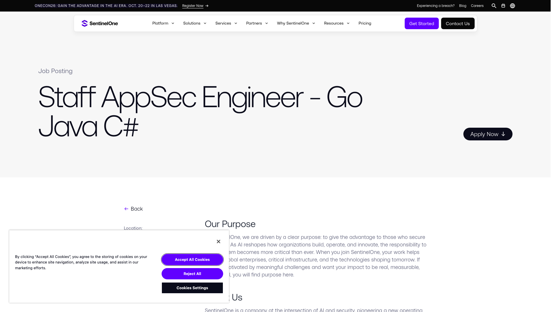 Screenshot of the SentinelOne Staff AppSec Engineer - Go Java C# (Wayfinder Frontier AI Services) job posting, captured 2026-09-05