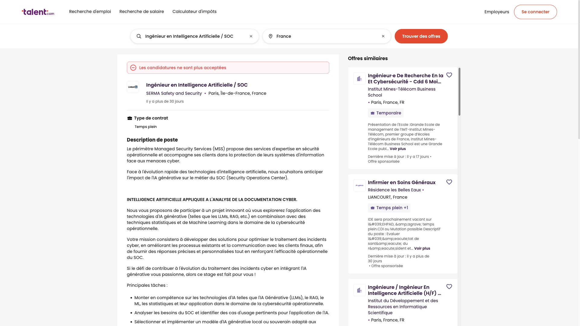 Screenshot of the SERMA Safety and Security Ingénieur en Intelligence Artificielle / SOC (stage) job posting, captured 2026-09-05