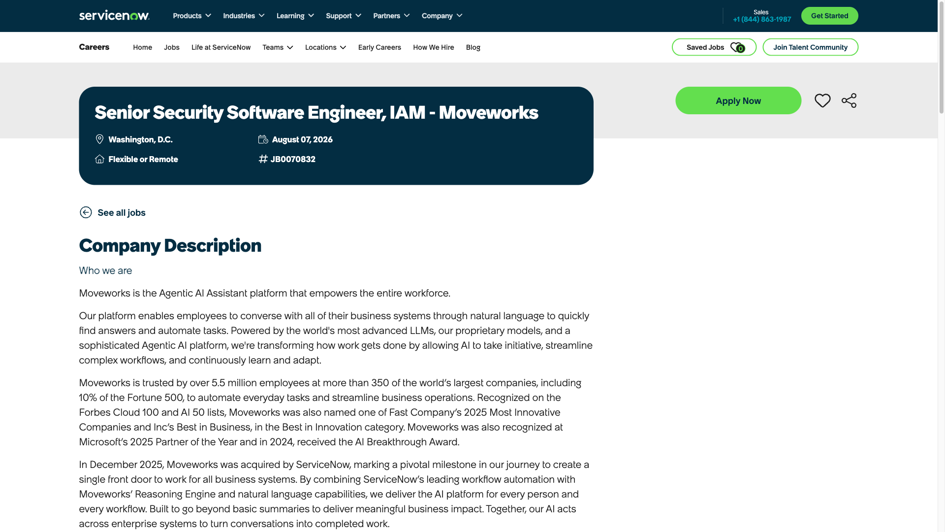 Screenshot of the ServiceNow (Moveworks) Senior Security Software Engineer, IAM job posting, captured 2026-09-23