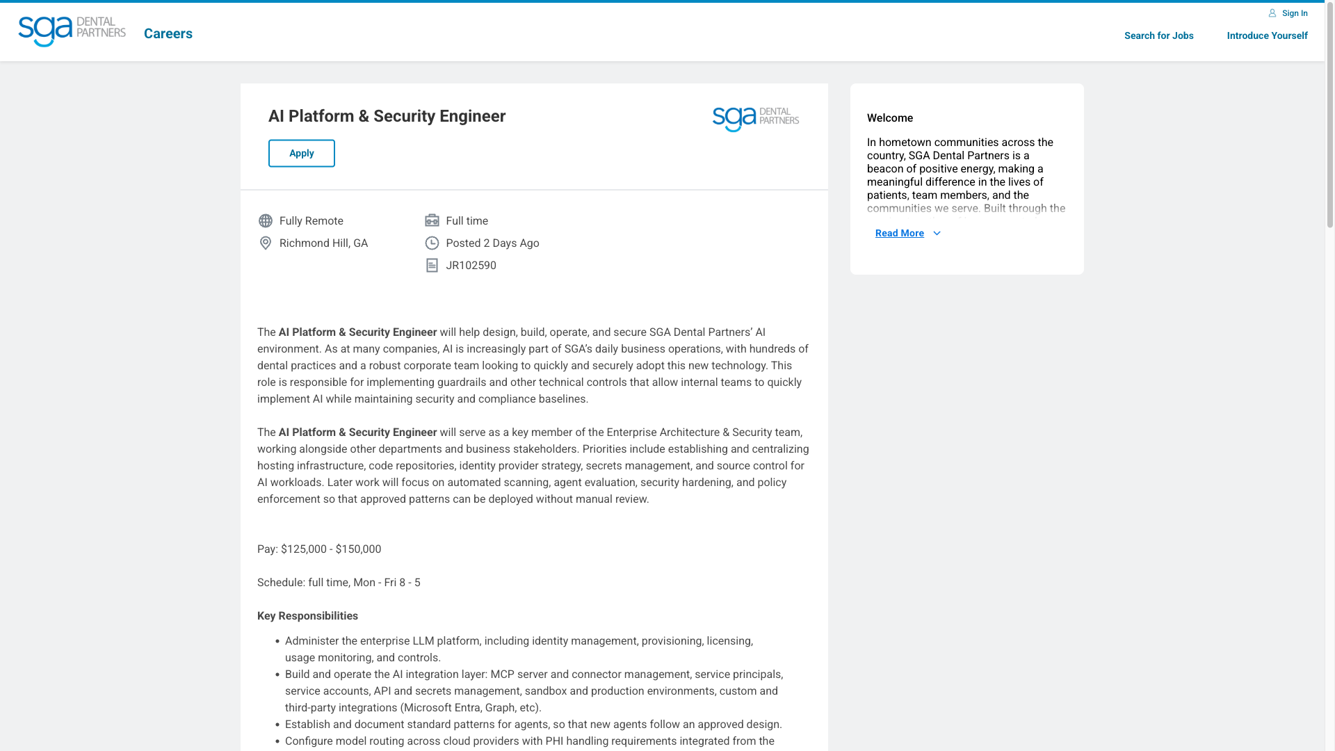Screenshot of the SGA Dental Partners AI Platform & Security Engineer job posting, captured 2026-10-08