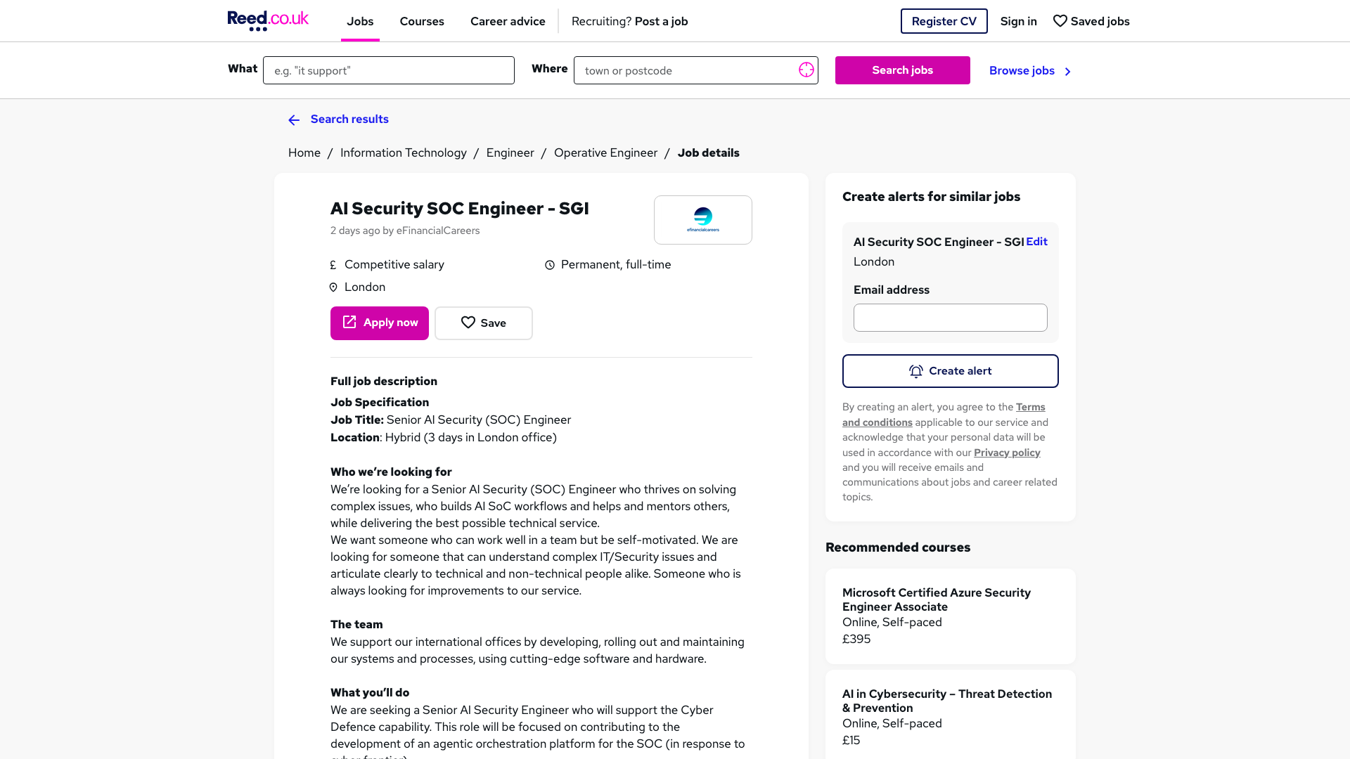 Screenshot of the SGI (Source Group International) Senior AI Security (SOC) Engineer job posting, captured 2026-09-05