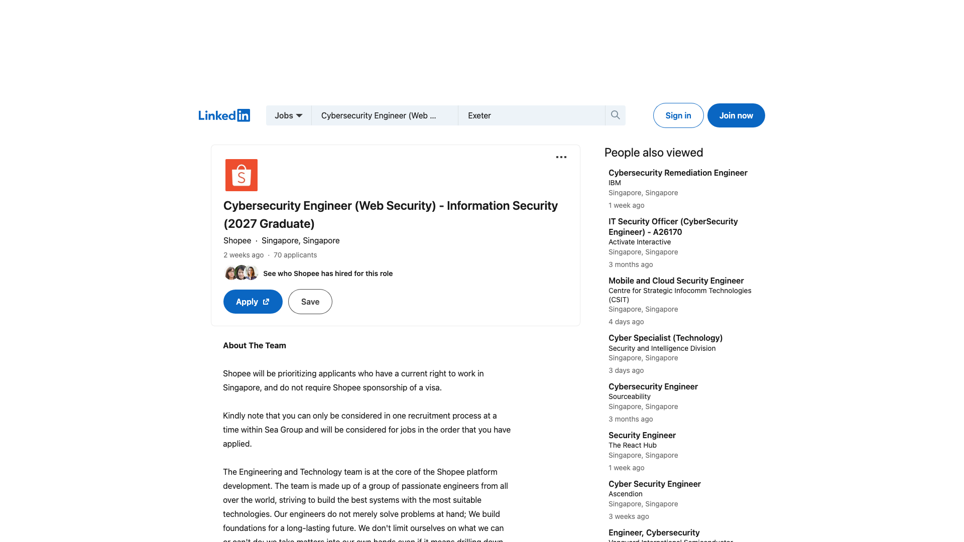 Screenshot of the Shopee Cybersecurity Engineer (Web Security) - Information Security (2027 Graduate) job posting, captured 2026-09-05