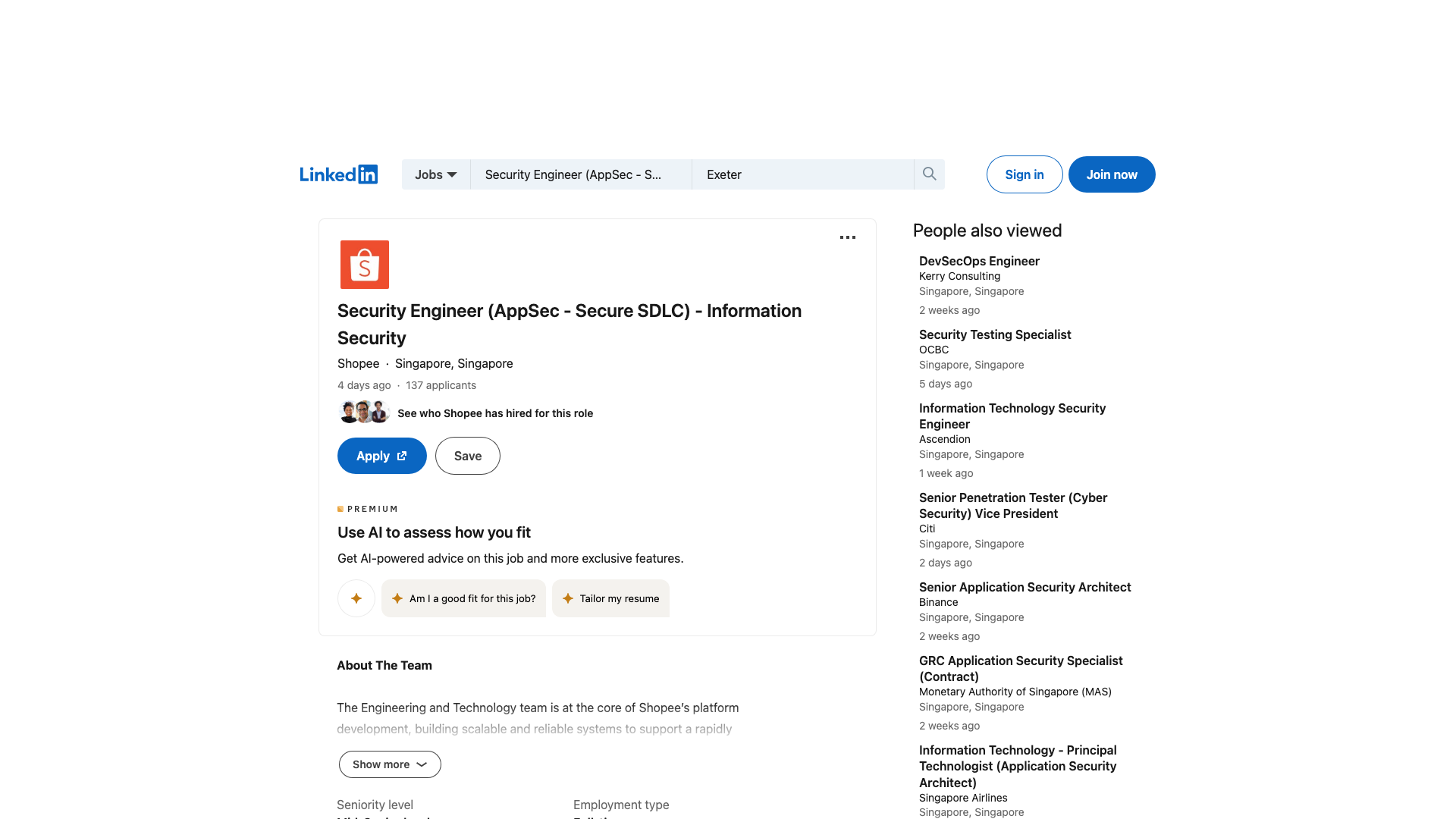 Screenshot of the Shopee Security Engineer (AppSec - Secure SDLC) - Information Security job posting, captured 2026-09-05