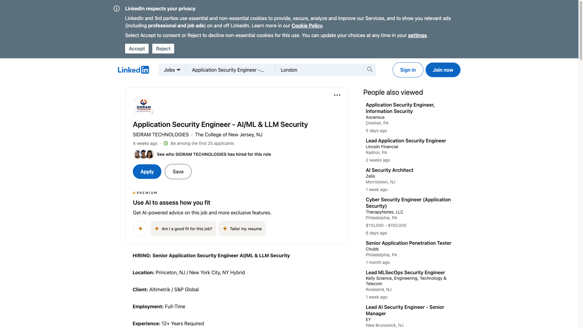 Screenshot of the SIDRAM Technologies Application Security Engineer - AI/ML & LLM Security job posting, captured 2026-10-01
