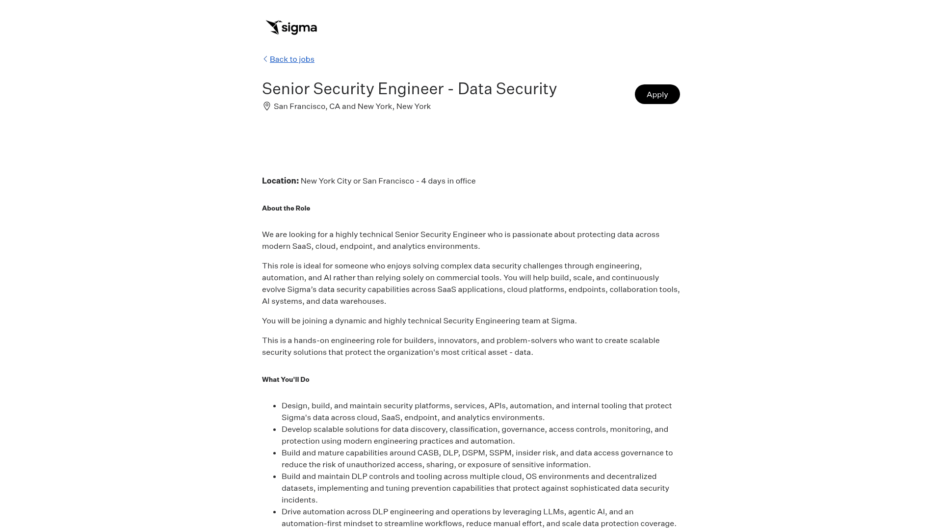 Screenshot of the Sigma Computing Senior Security Engineer – Data Security job posting, captured 2026-08-31