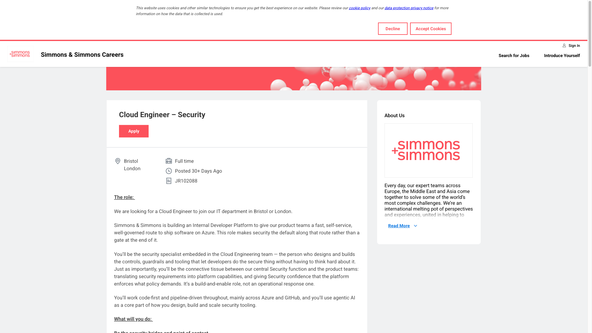 Screenshot of the Simmons & Simmons Cloud Engineer – Security job posting, captured 2026-10-01