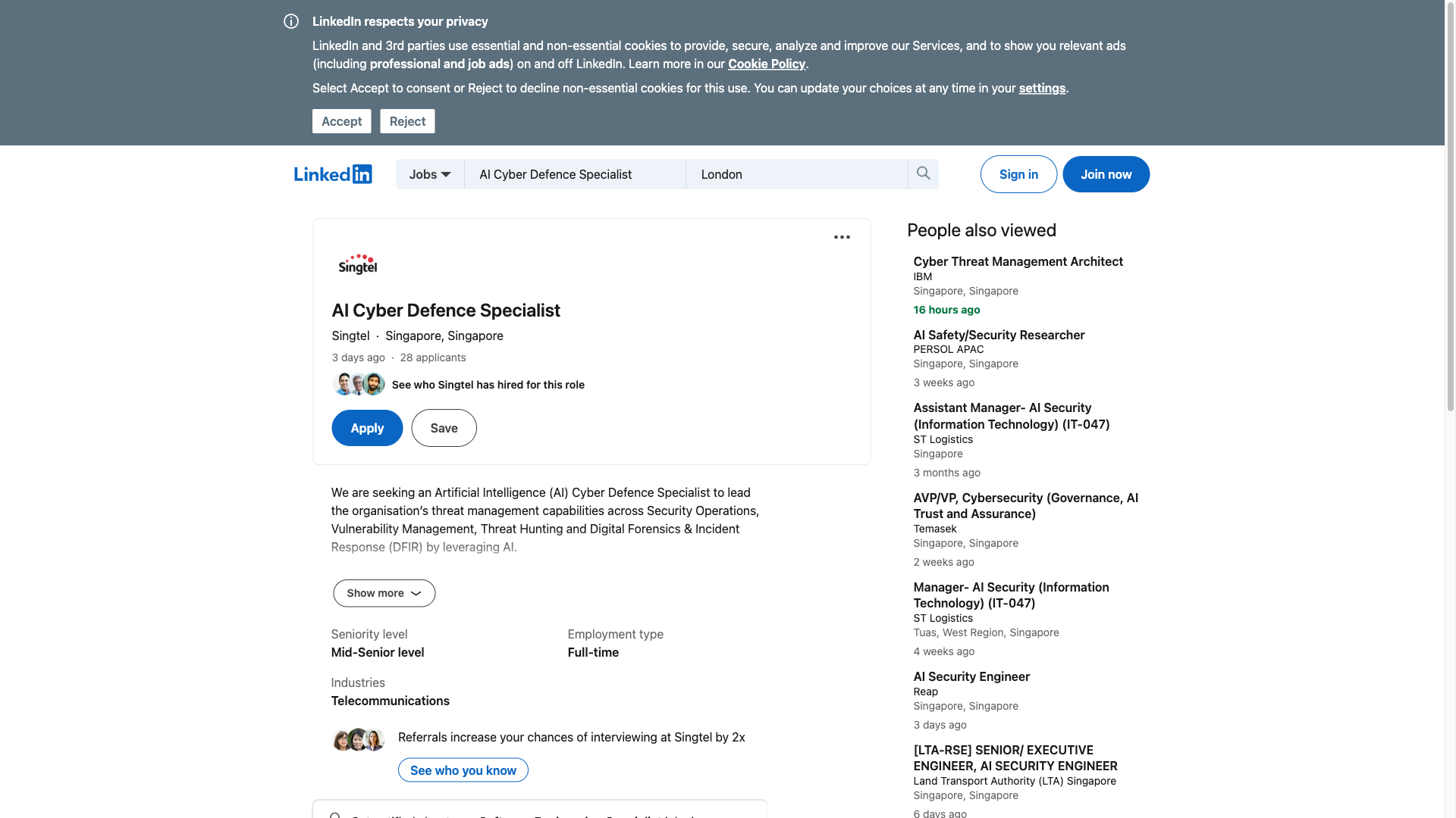 Screenshot of the Singtel AI Cyber Defence Specialist job posting, captured 2026-10-01