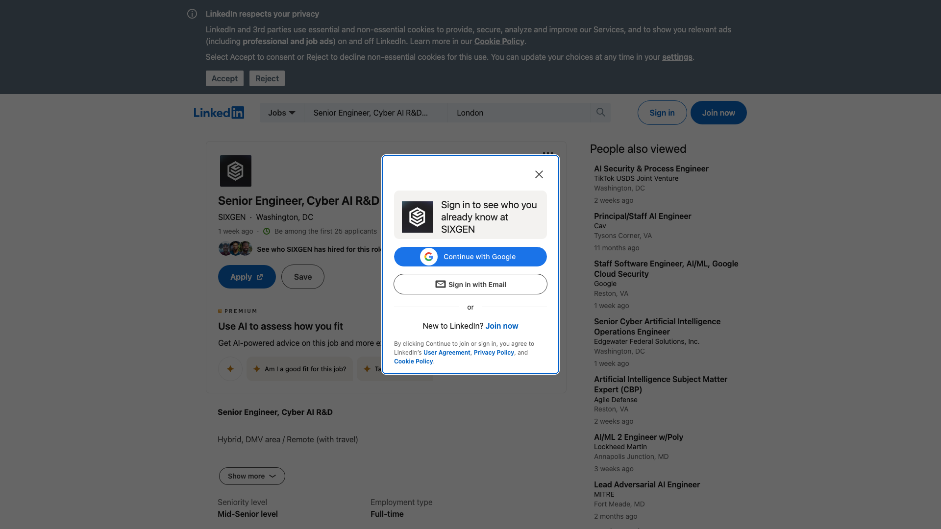 Screenshot of the SIXGEN Senior Engineer, Cyber AI R&D (TS/SCI) job posting, captured 2026-09-05