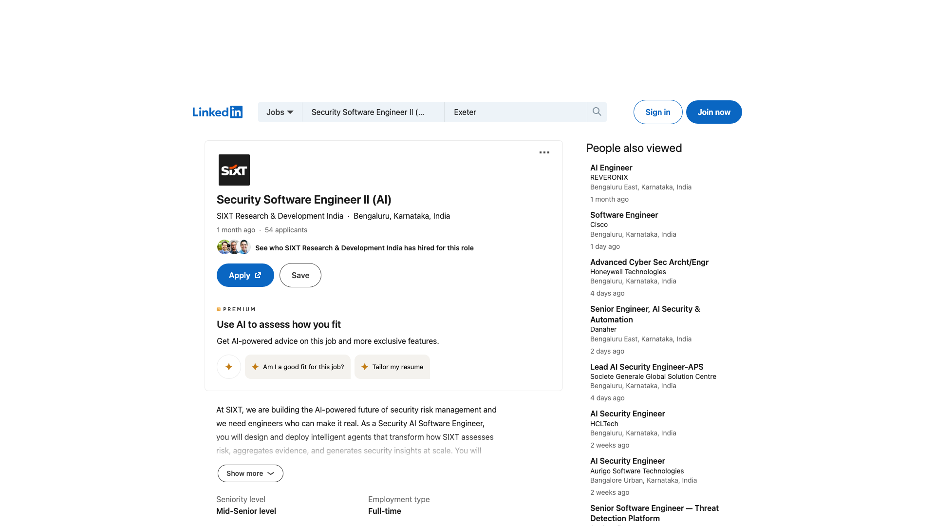Screenshot of the SIXT Security Software Engineer II (AI) job posting, captured 2026-09-05