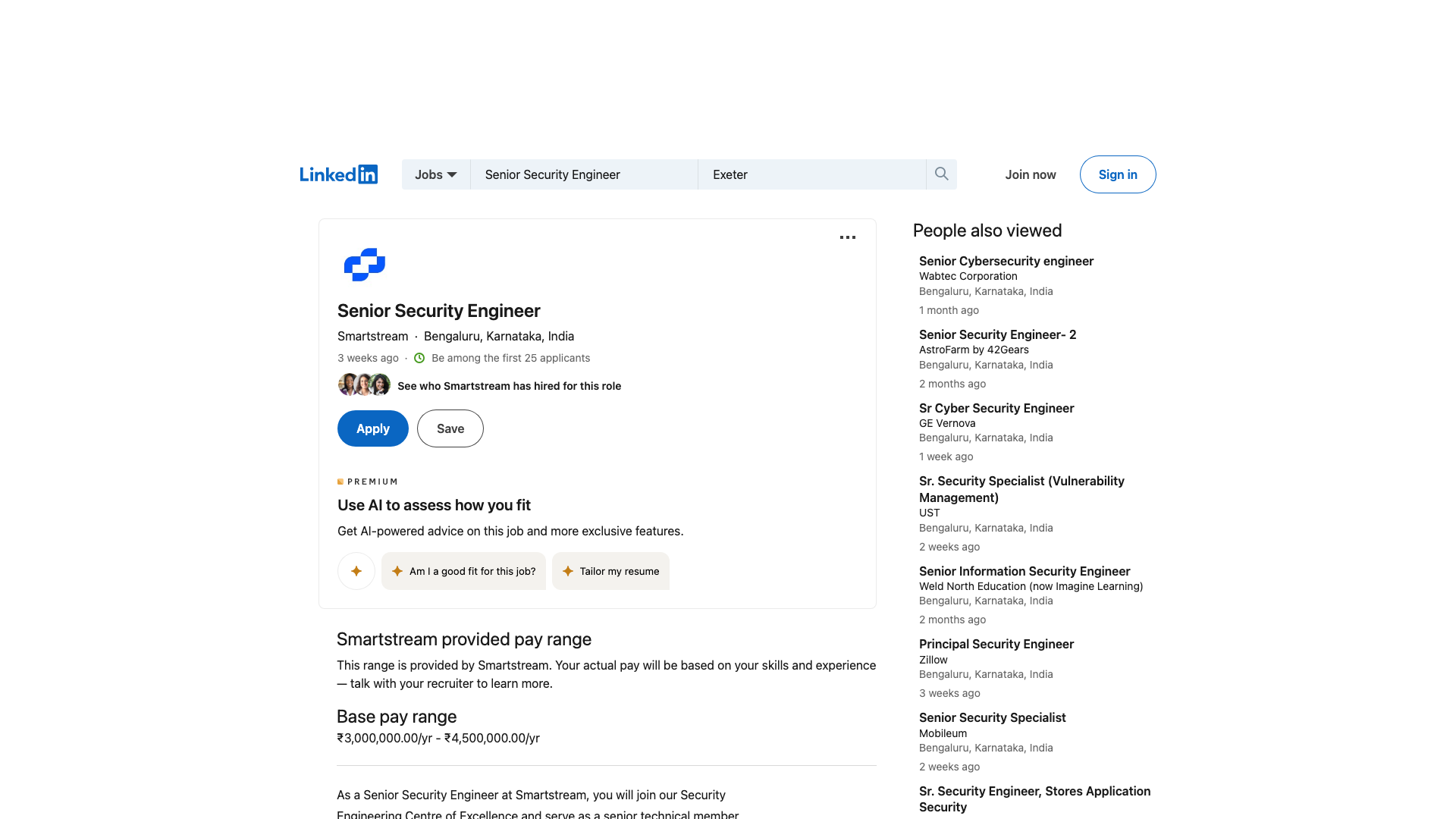 Screenshot of the SmartStream Senior Security Engineer job posting, captured 2026-09-05