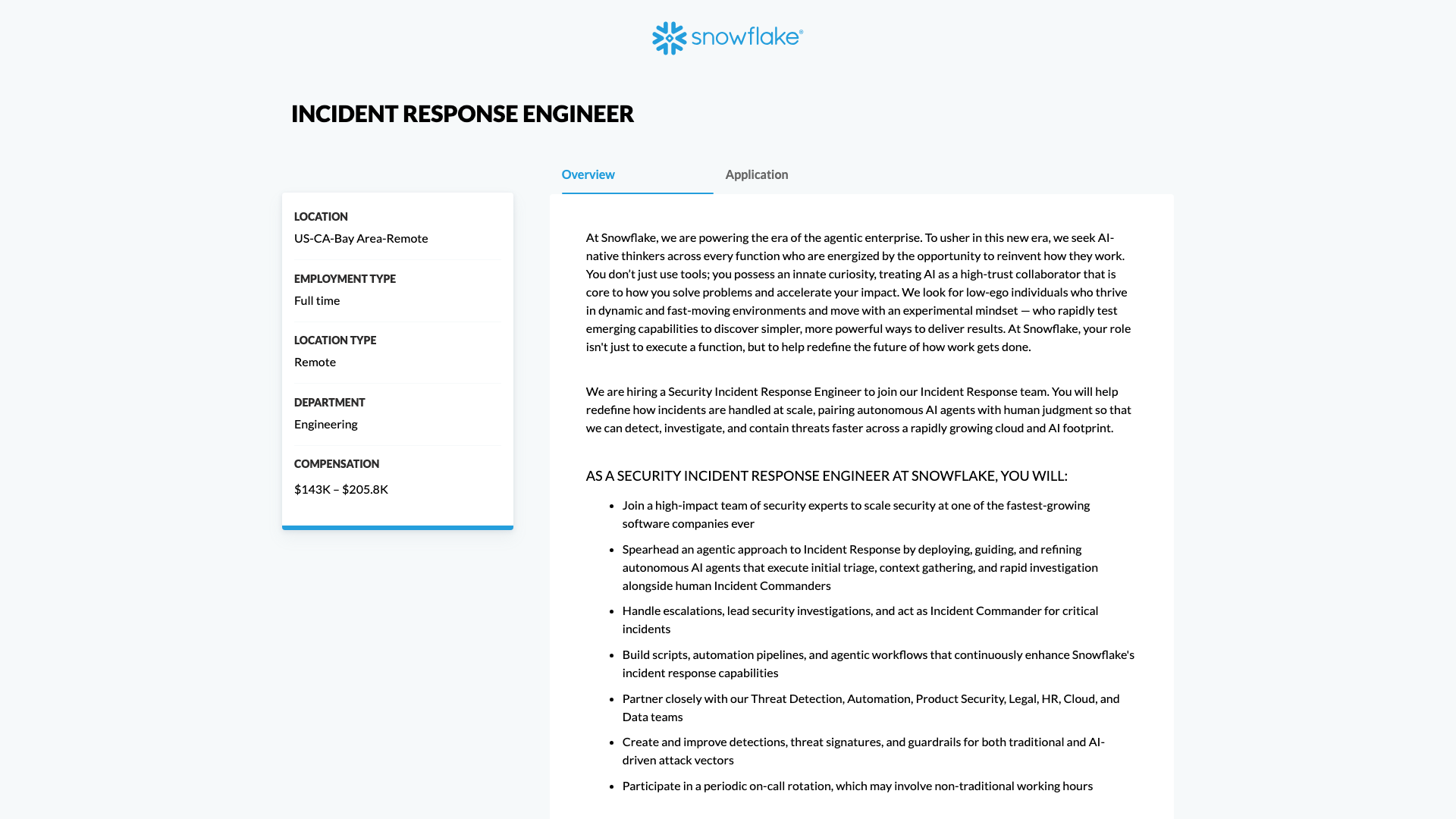 Screenshot of the Snowflake Incident Response Engineer job posting, captured 2026-10-22