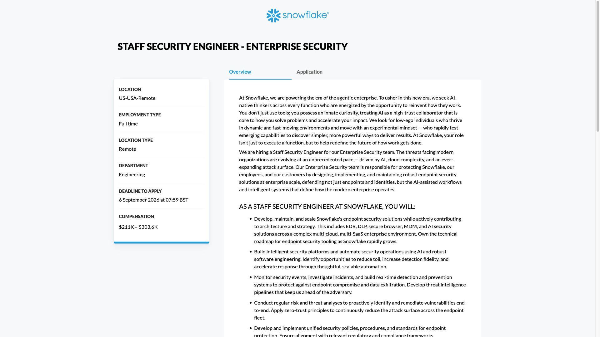 Screenshot of the Snowflake Staff Security Engineer - Enterprise Security job posting, captured 2026-10-01