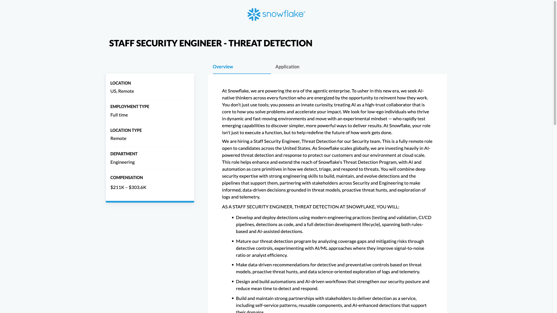 Screenshot of the Snowflake Staff Security Engineer - Threat Detection job posting, captured 2026-10-01