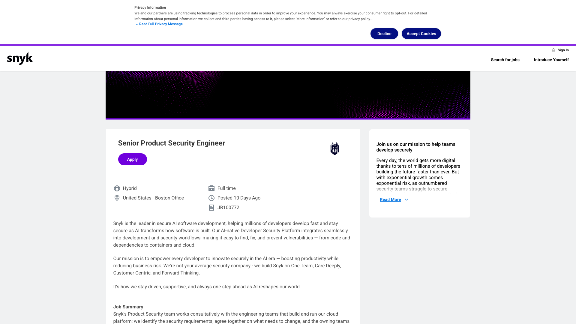 Screenshot of the Snyk Senior Product Security Engineer (Platform) job posting, captured 2026-09-05