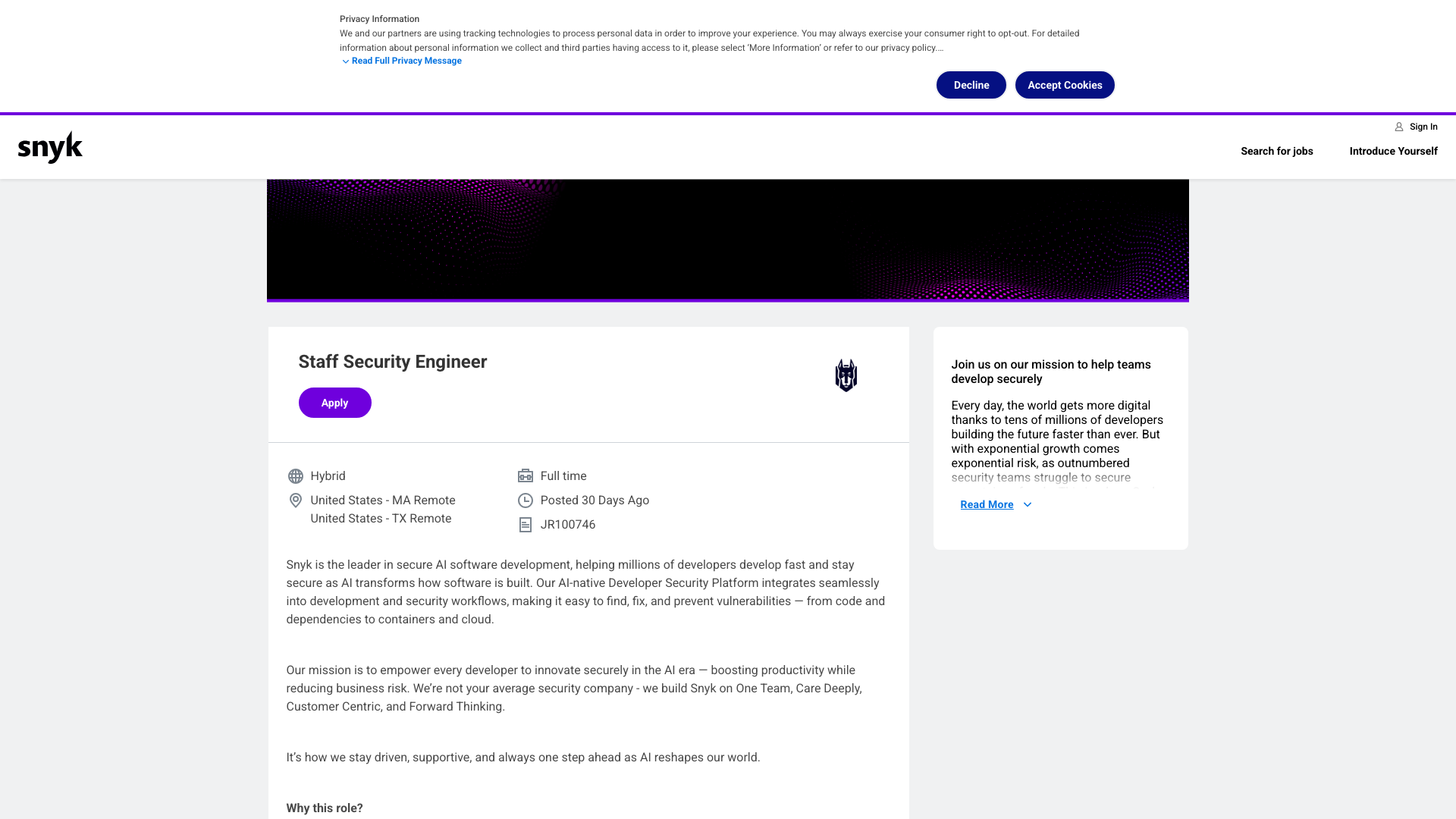 Screenshot of the Snyk Staff Security Engineer job posting, captured 2026-09-05
