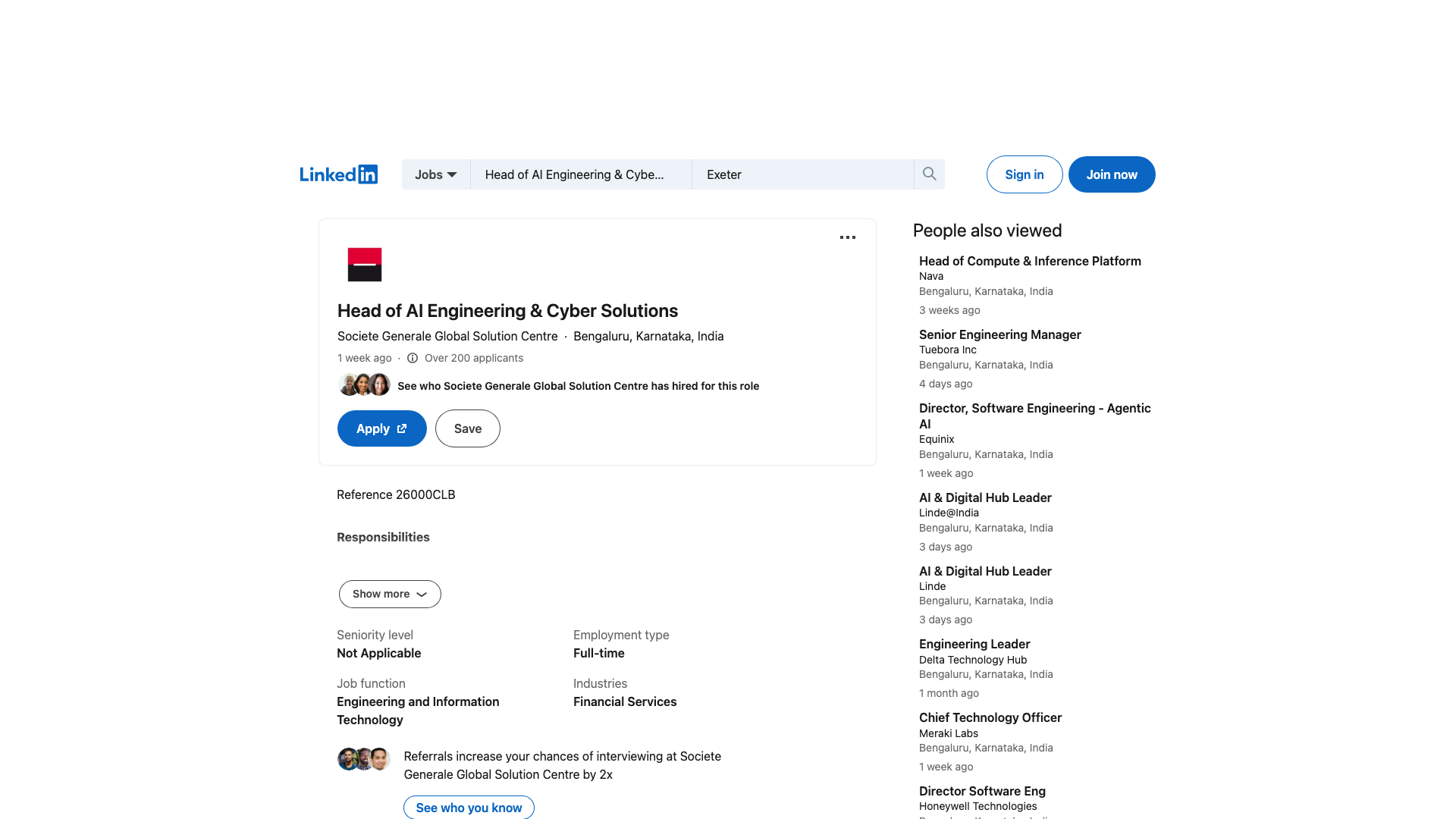 Screenshot of the Societe Generale Head of AI Engineering & Cyber Solutions job posting, captured 2026-09-05