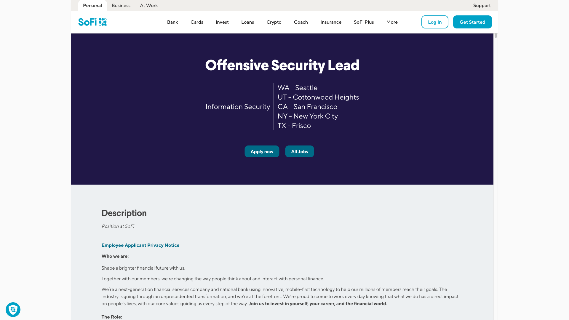 Screenshot of the SoFi Offensive Security Lead job posting, captured 2026-09-23
