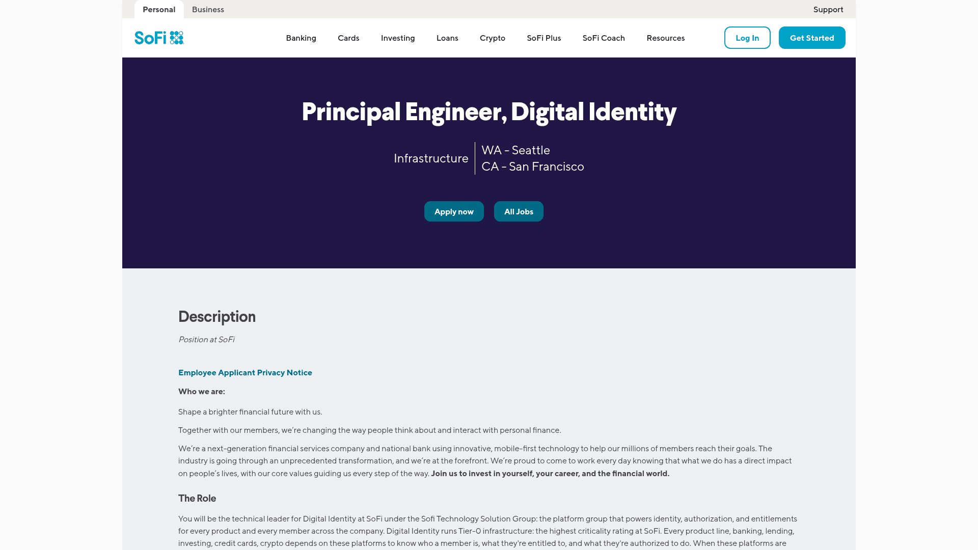 Screenshot of the SoFi Principal Engineer, Digital Identity job posting, captured 2026-08-31