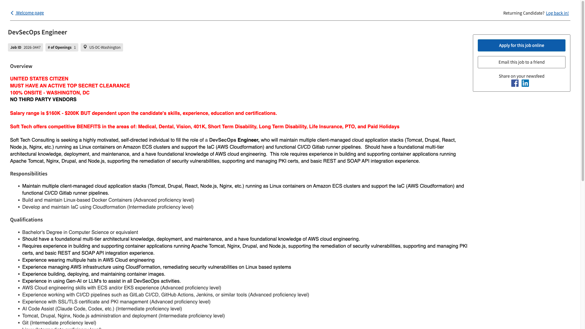 Screenshot of the Soft Tech Consulting DevSecOps Engineer job posting, captured 2026-10-01